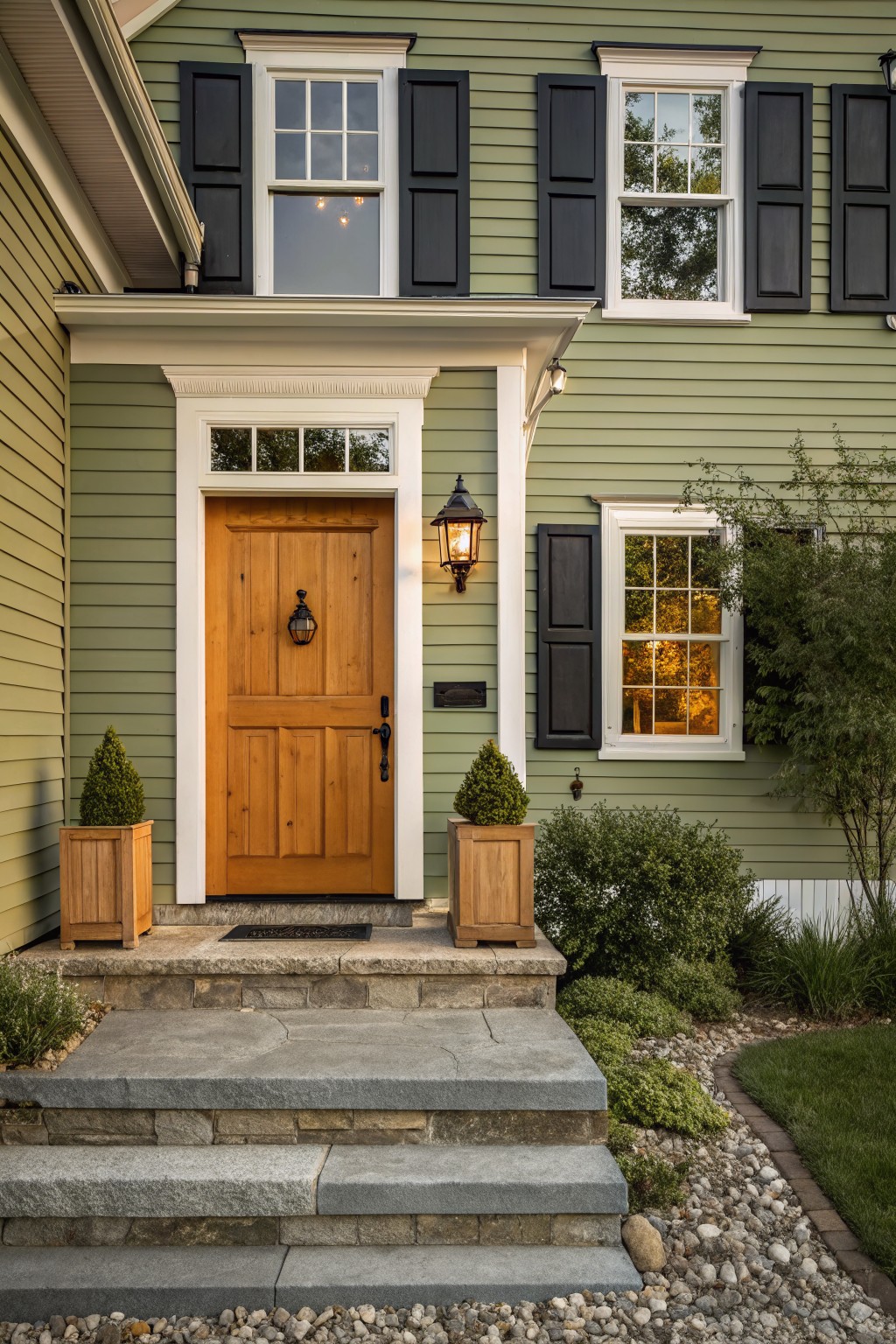 Front facade of a two-story sage green house with black shutters, white trim, a wooden front door with knocker, lanterns, stone steps, wooden planters holding boxwood shrubs, and low landscaping along the base.