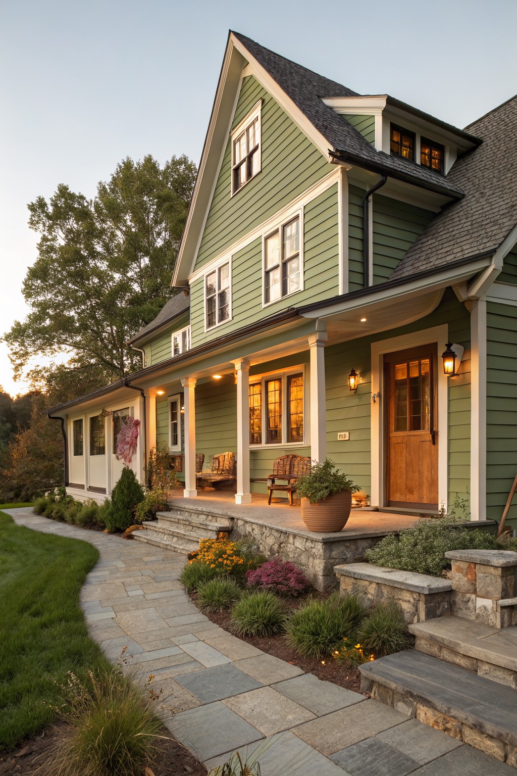 A two-story sage green clapboard house with white trim, gabled roof, covered front porch with wooden door and lanterns, curved bluestone pathway, stone steps, and low landscaping at dusk.