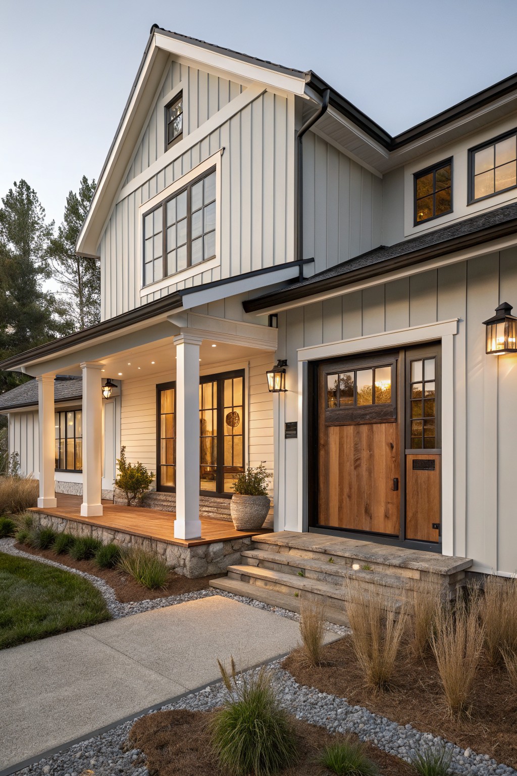 Two-story modern farmhouse exterior with light gray vertical board-and-batten siding, black roof and trim, wooden front door with glass panels, white porch columns, lanterns, stone steps, and low landscaping with grasses and mulch at dusk.