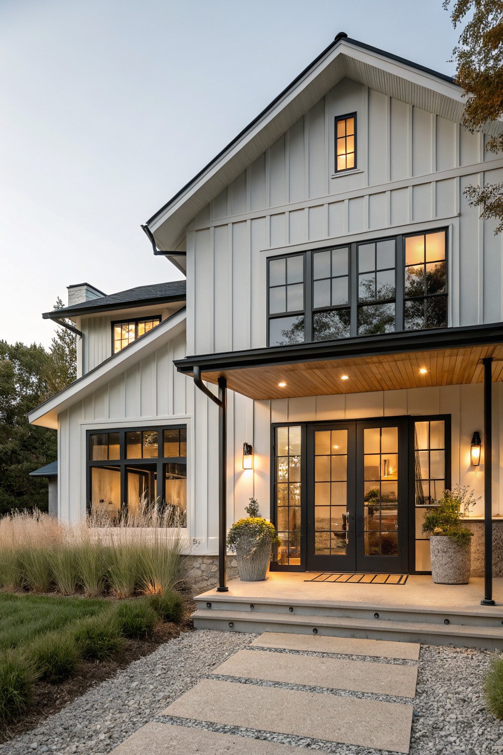 Front exterior of a two-story modern farmhouse house with white vertical board-and-batten siding, black-framed multi-pane windows and double doors under a covered porch with wood ceiling and recessed lights, flanked by black lanterns and potted plants, stone steps, gravel path, and ornamental grasses.
