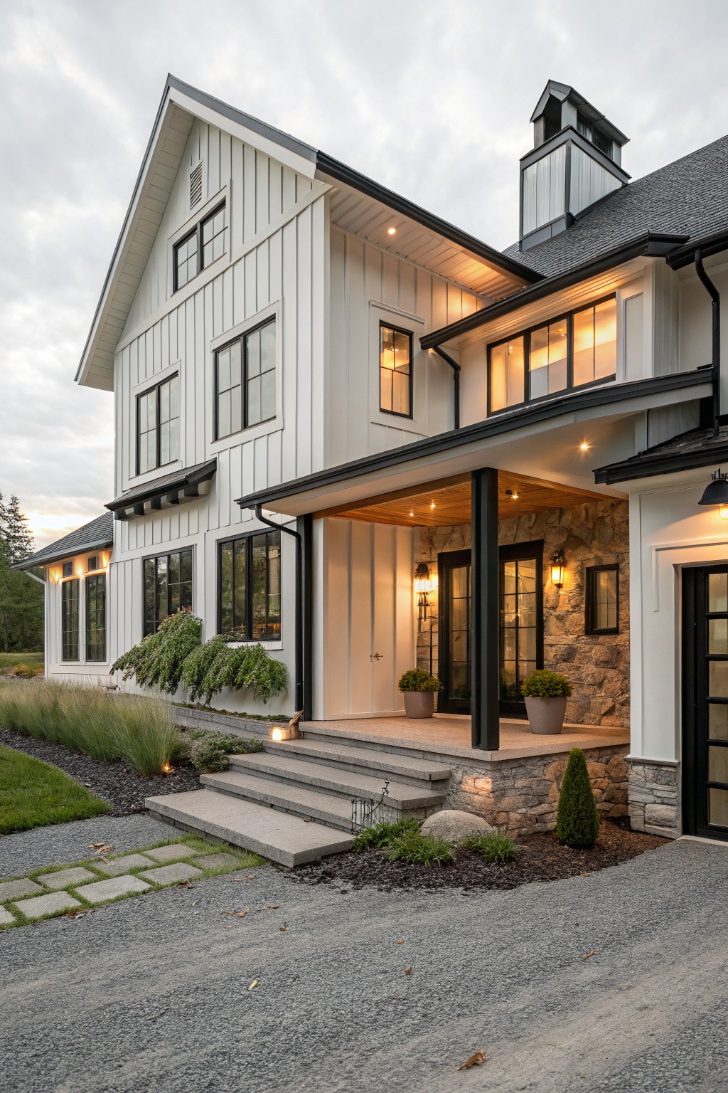 Side view of a two-story modern farmhouse house with white vertical board-and-batten siding, black-framed windows and doors, dark roof, covered porch with wood ceiling, stone accents at base and garage, steps to entry, and gravel driveway with landscaping.