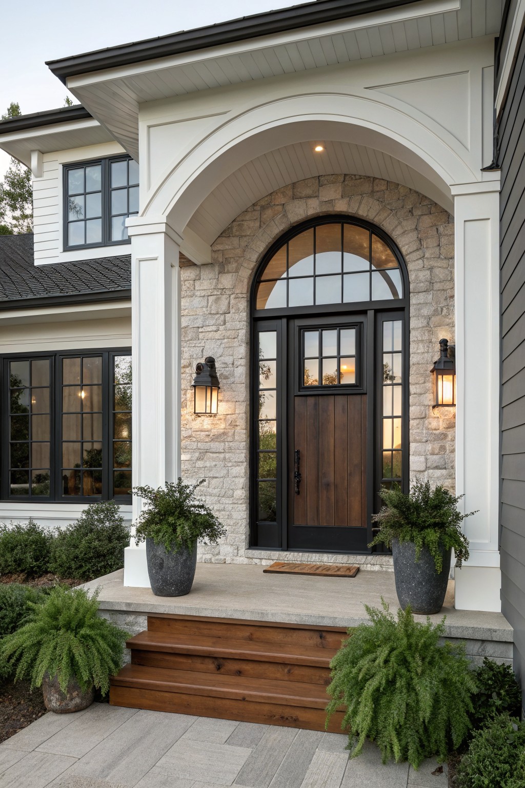 House exterior with light beige stone arched entryway containing a dark wood door with black frame and sidelights, white columns, black-framed windows, dark roof, wooden porch steps, potted plants, and lantern lights.