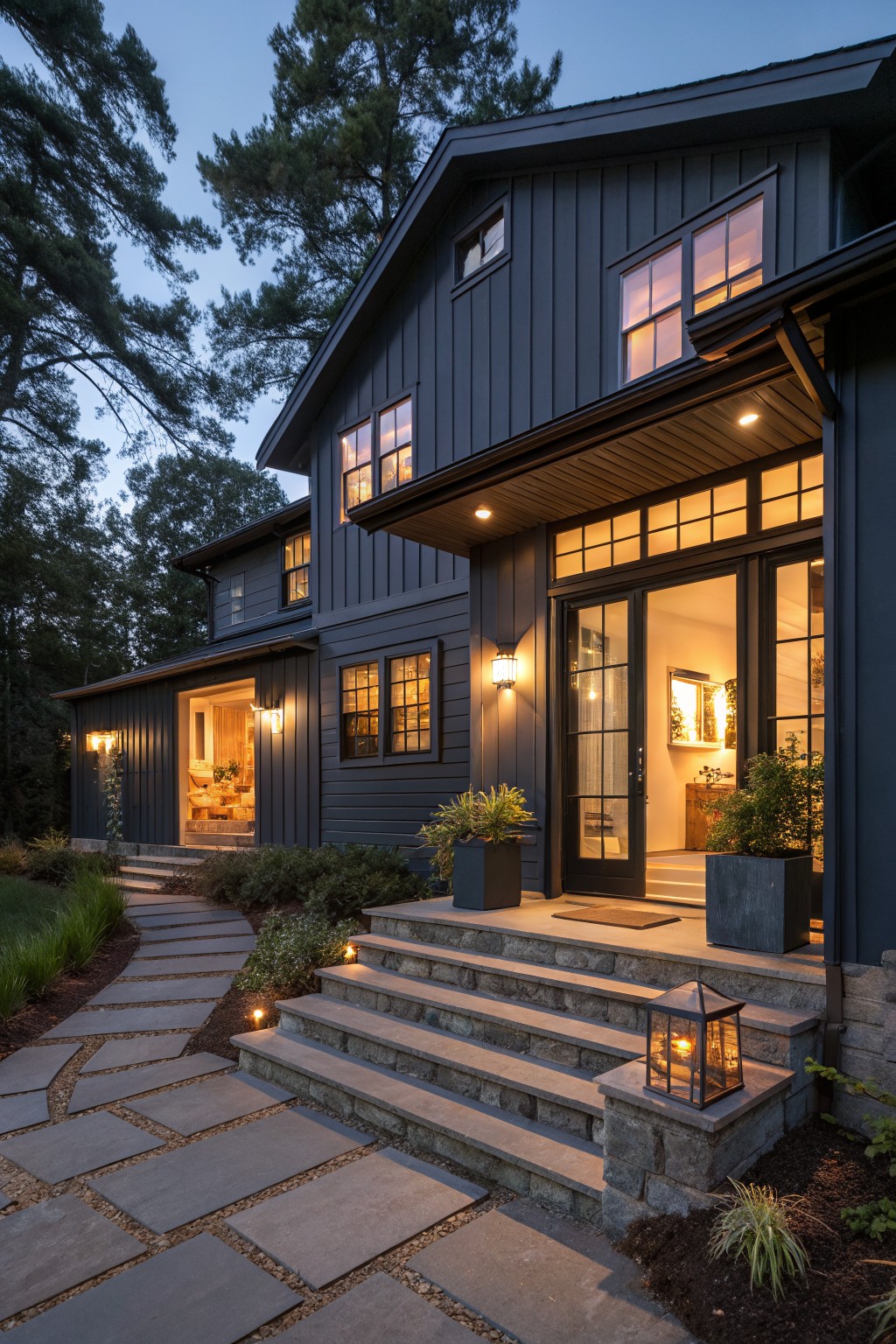 Side exterior of a two-story modern farmhouse with dark gray board-and-batten siding, lit windows and French doors, stone steps leading to the entry, a curved stone pathway, potted plants, and surrounding trees at dusk.