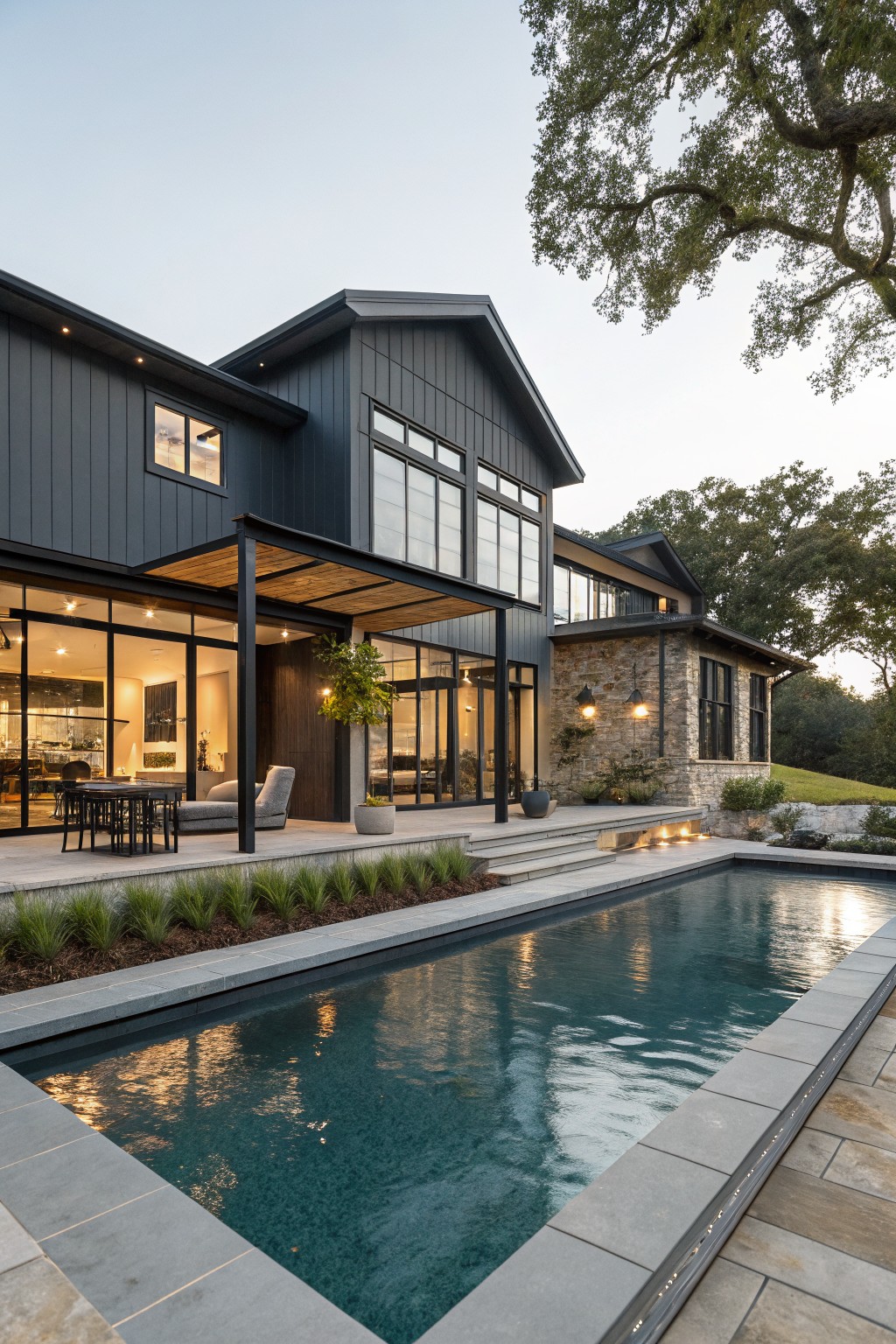 Modern farmhouse house exterior featuring black board-and-batten siding, large glass windows and doors on a covered patio overlooking a rectangular pool, with stone accents, wood beams, steps, plants, and trees in the background.