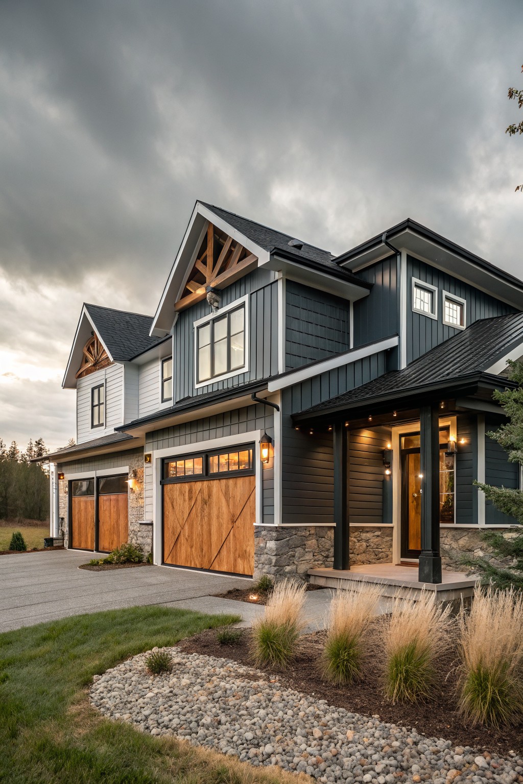 Modern farmhouse house exterior featuring dark gray board-and-batten siding, white gabled sections, black metal roof, double wood garage doors, covered entry porch, stone accents, and front landscaping with grass and ornamental grasses under a cloudy sky.