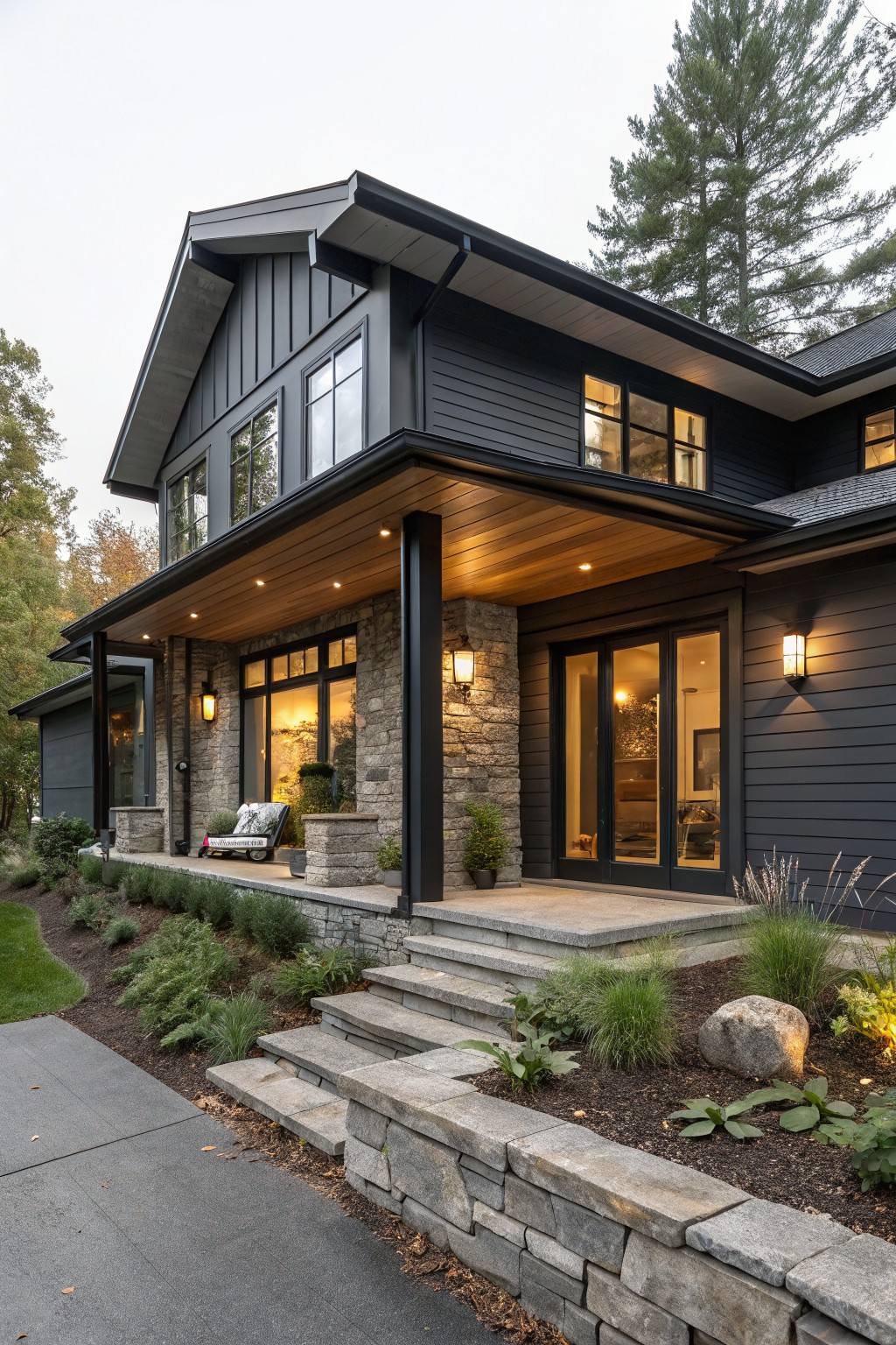 Two-story modern farmhouse with dark gray-black siding, covered porch featuring wood ceiling and black posts, stone pillars framing glass entry doors, steps leading up from driveway, and surrounding landscaping with plants and rocks.