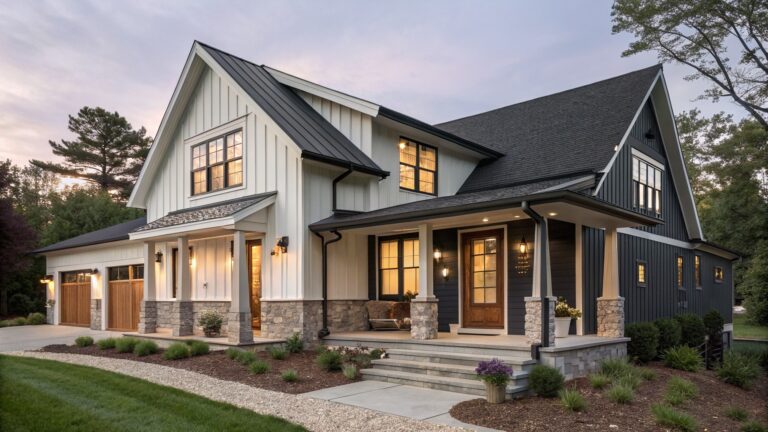 Two-story modern farmhouse exterior at dusk featuring light board-and-batten siding, dark shingled gables and metal roof, black trim, covered front porch with stone columns, and gravel pathway with shrubs.