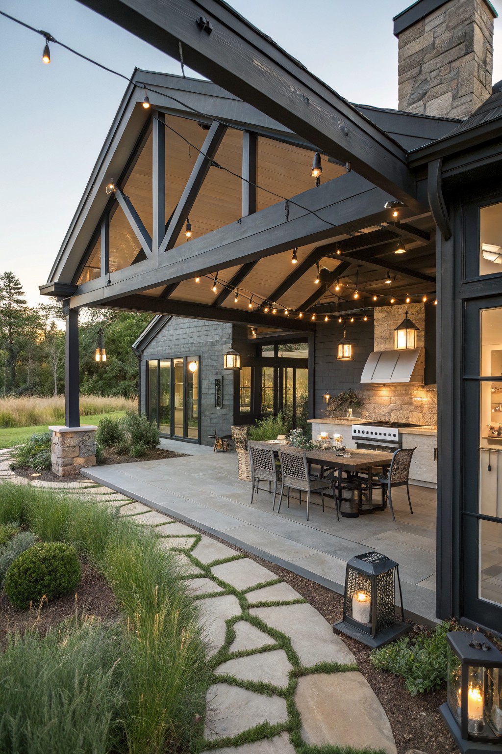 Covered porch with dark painted wooden beams and trusses strung with string lights over an outdoor dining table and chairs, adjacent outdoor kitchen with stone elements, stone pillar, and gravel path in landscaped yard at dusk.