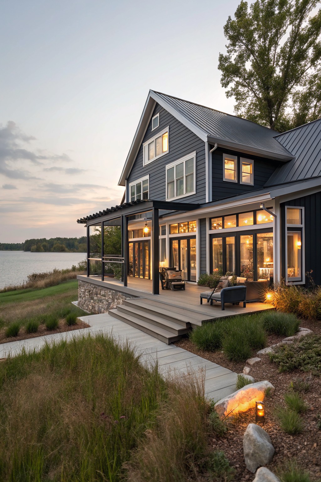 Two-story modern farmhouse with dark gray clapboard siding, standing seam metal roof, covered porch, glass walls, deck stairs, and stone base overlooking a lake amid grasses and boulders at dusk.