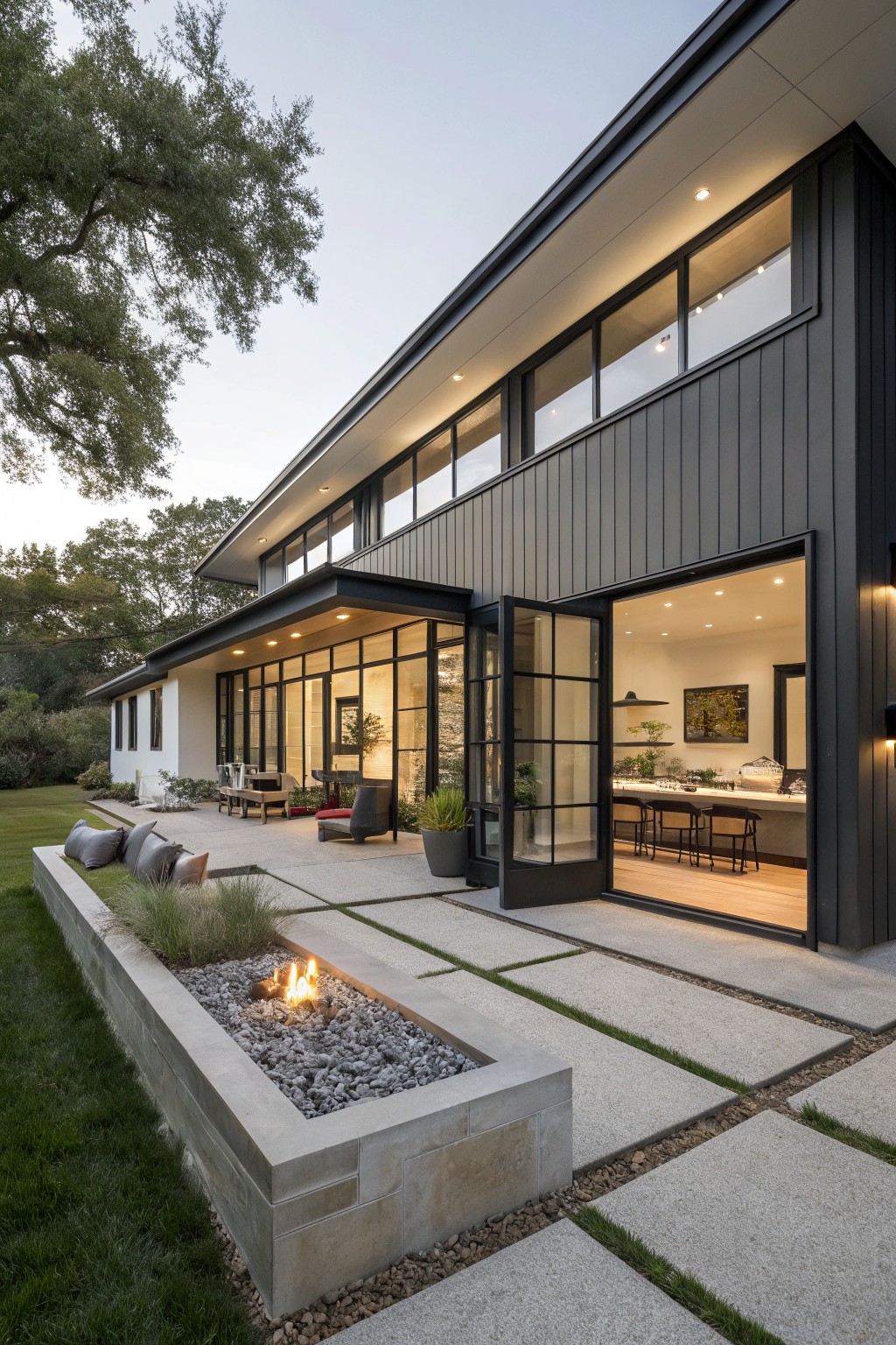 Side view of a two-story modern house with dark vertical siding, open black-framed glass doors to an interior dining area, concrete patio with linear fire pit planter, outdoor seating, and surrounding lawn and trees at dusk.