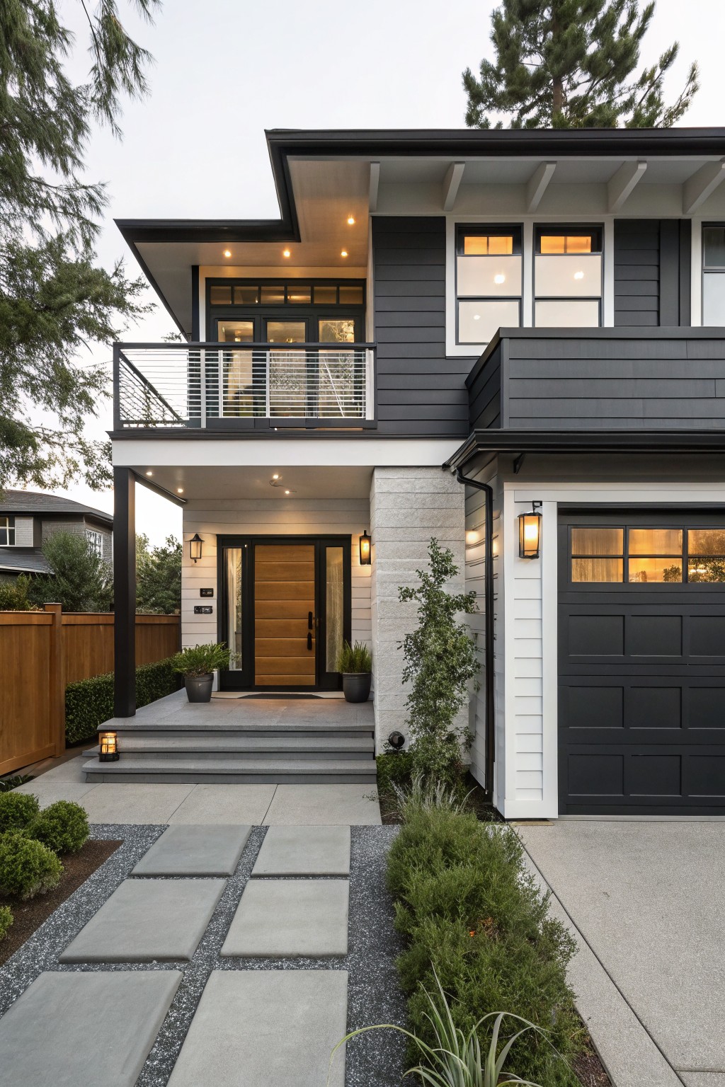 Two-story modern house exterior with dark gray siding on upper levels, white trim and shiplap siding on lower level, wooden front door, glass garage door, metal balcony railing, steps to entry, and landscaped front yard with shrubs and pavers.