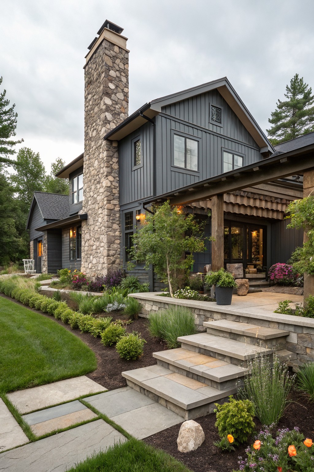 Modern farmhouse house exterior featuring dark gray board-and-batten siding, a tall light stone chimney, covered wooden porch, stone entry steps, and landscaped yard with plants and grass.