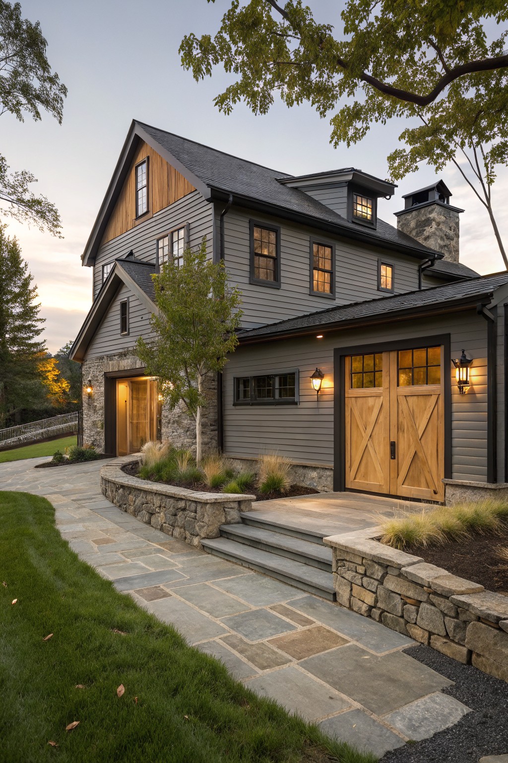 Two-story modern farmhouse exterior with dark gray siding, light wood vertical accents on upper levels, double wooden garage doors, stone retaining wall, bluestone pathway, and low plantings at dusk.