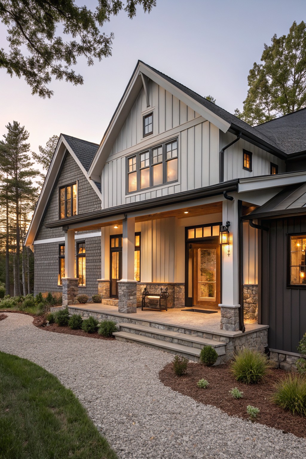Two-story modern farmhouse exterior at dusk featuring light board-and-batten siding, dark shingled gables and metal roof, black trim, covered front porch with stone columns, and gravel pathway with shrubs.