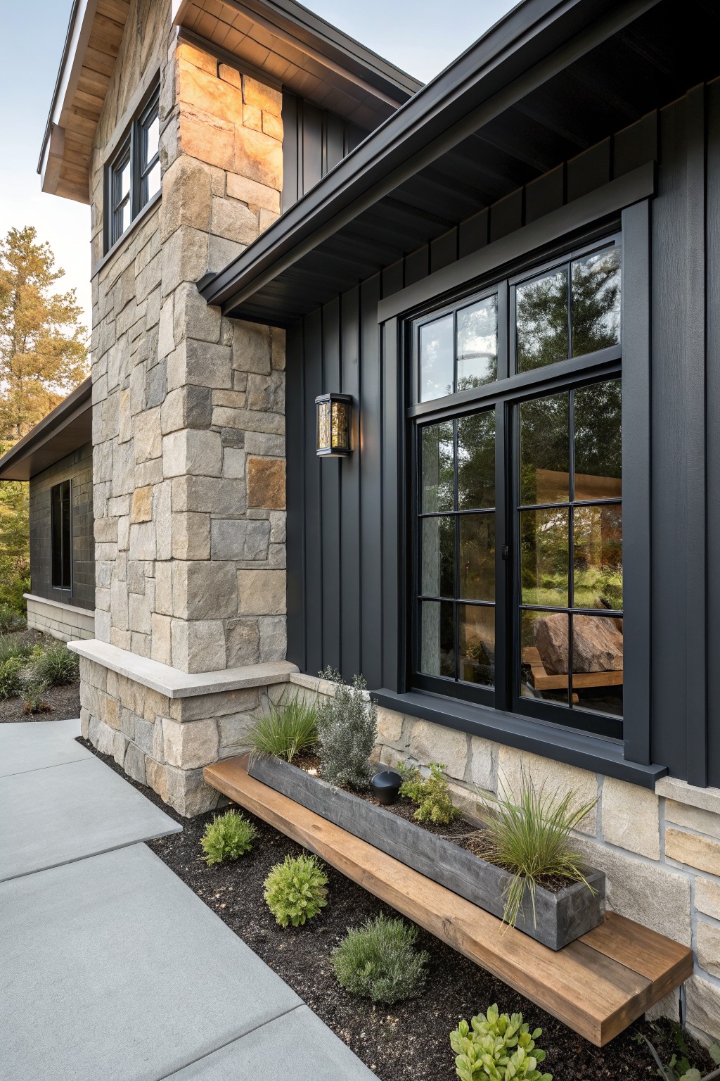 Side exterior of a modern house with a tall light gray stone wall, black vertical siding, black-framed windows, a black wall lantern, wooden planter boxes with grasses and plants, and low shrubs along a concrete walkway.
