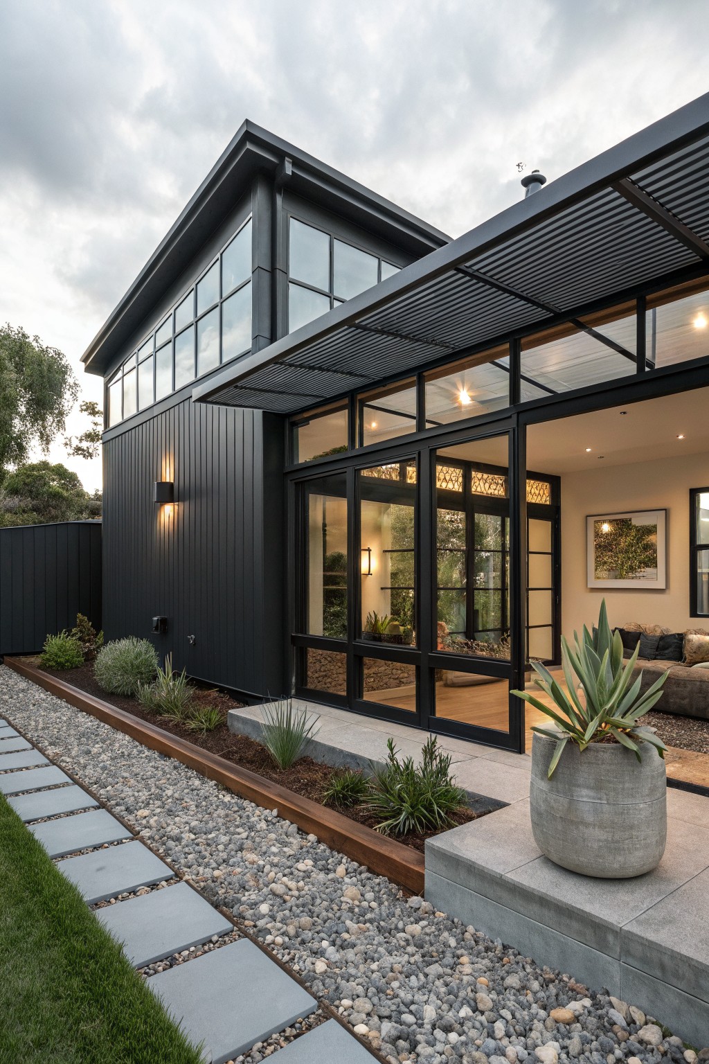 Side view of a modern house with black vertical cladding, large black-framed glass windows and sliding doors, a covered outdoor area, gravel pathway, and landscaped bed with succulents and grasses.