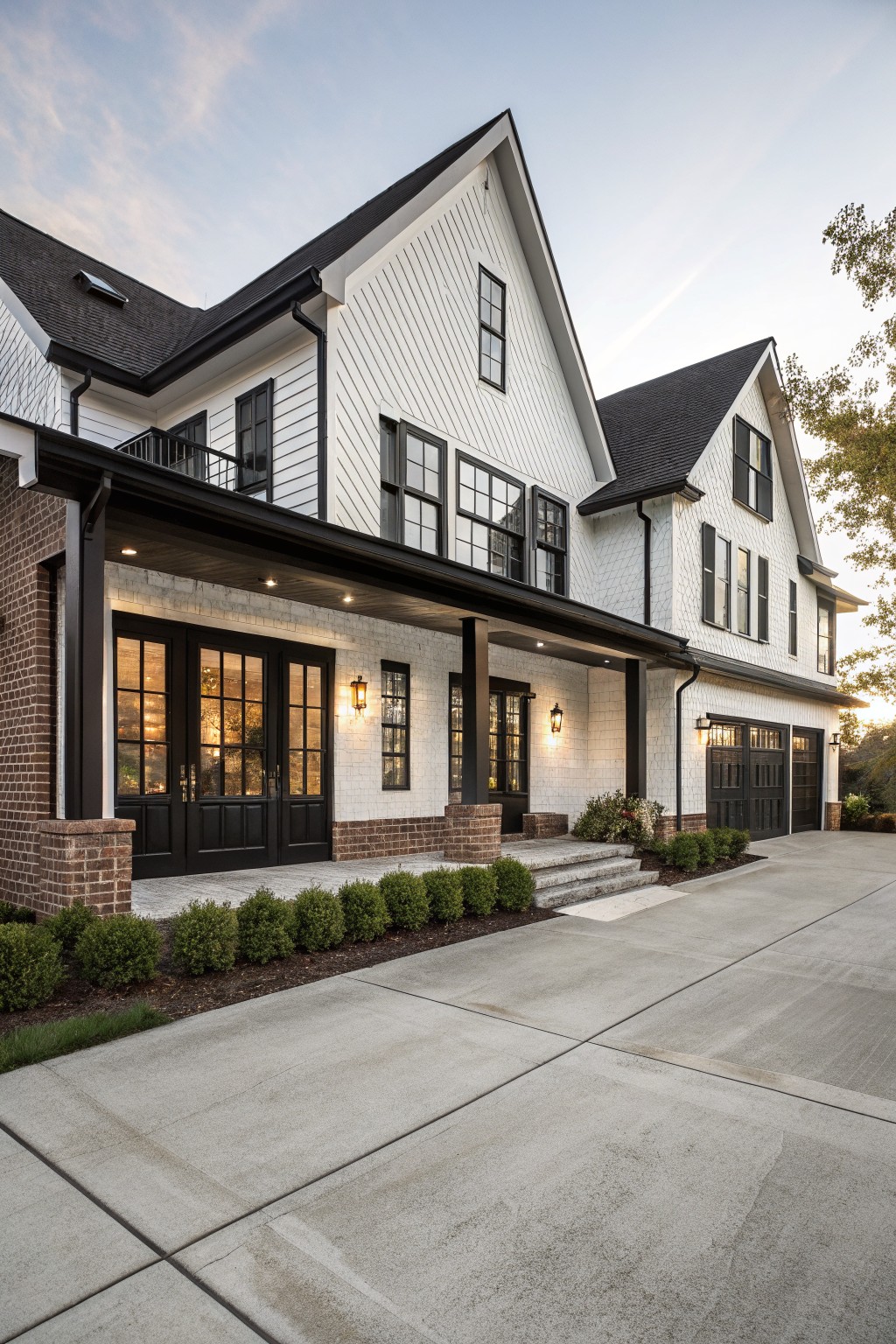 Two-story modern farmhouse exterior with white board-and-batten siding, black-framed windows and doors, brick base, covered front porch with black posts, attached two-car garage, boxwood shrubs lining the driveway, and concrete pavement at dusk.