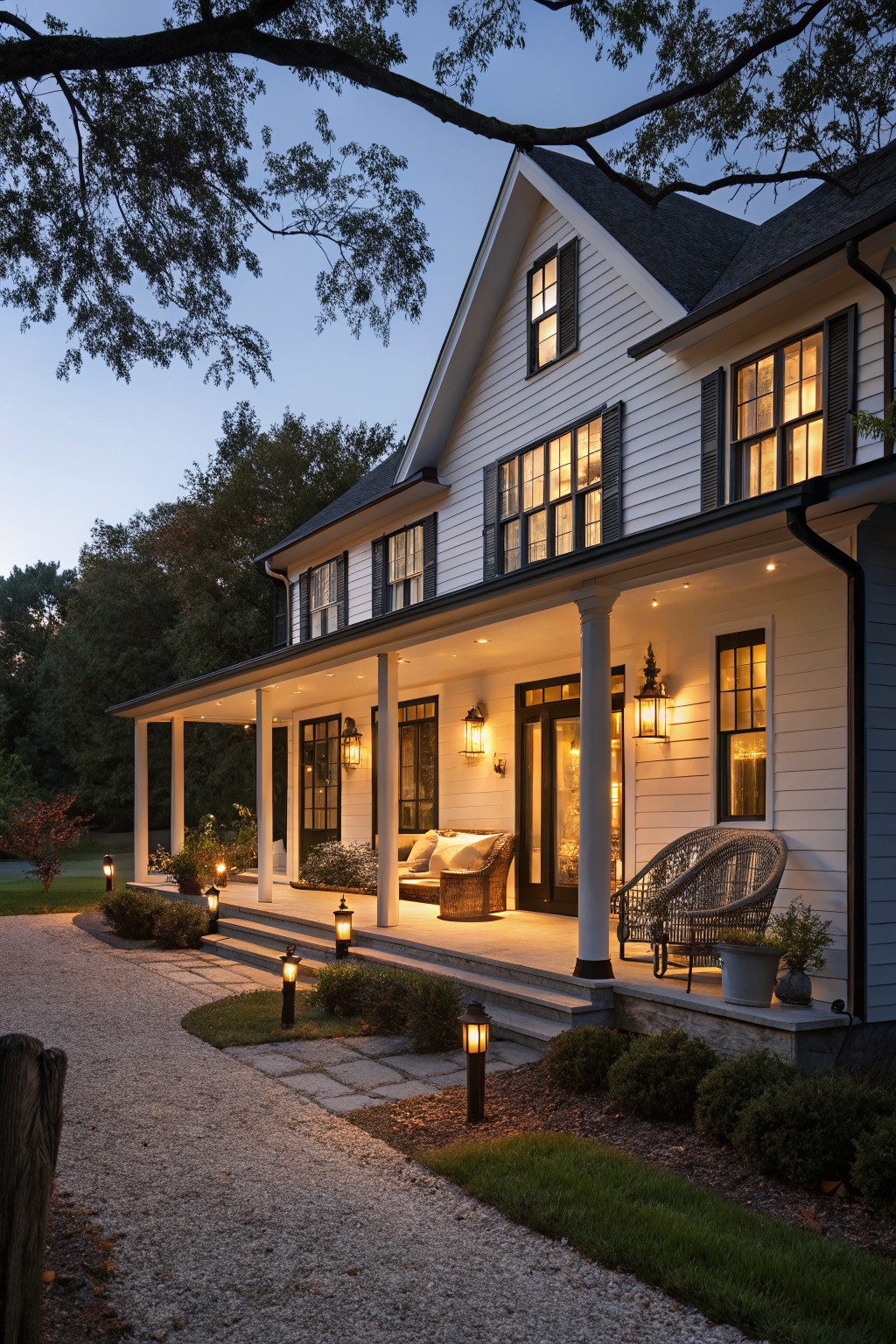 Twilight-lit white farmhouse with glowing porch lights and wicker furniture.