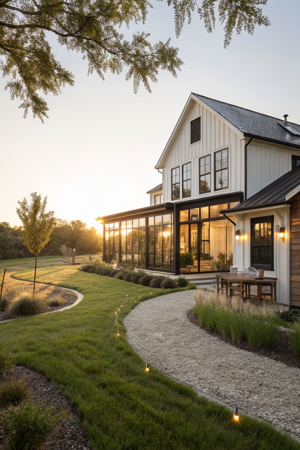 White board-and-batten modern farmhouse exterior with black metal roof, black-framed windows and glass sunroom extension, gravel pathway with low lights, green lawn, and trees at sunset.
