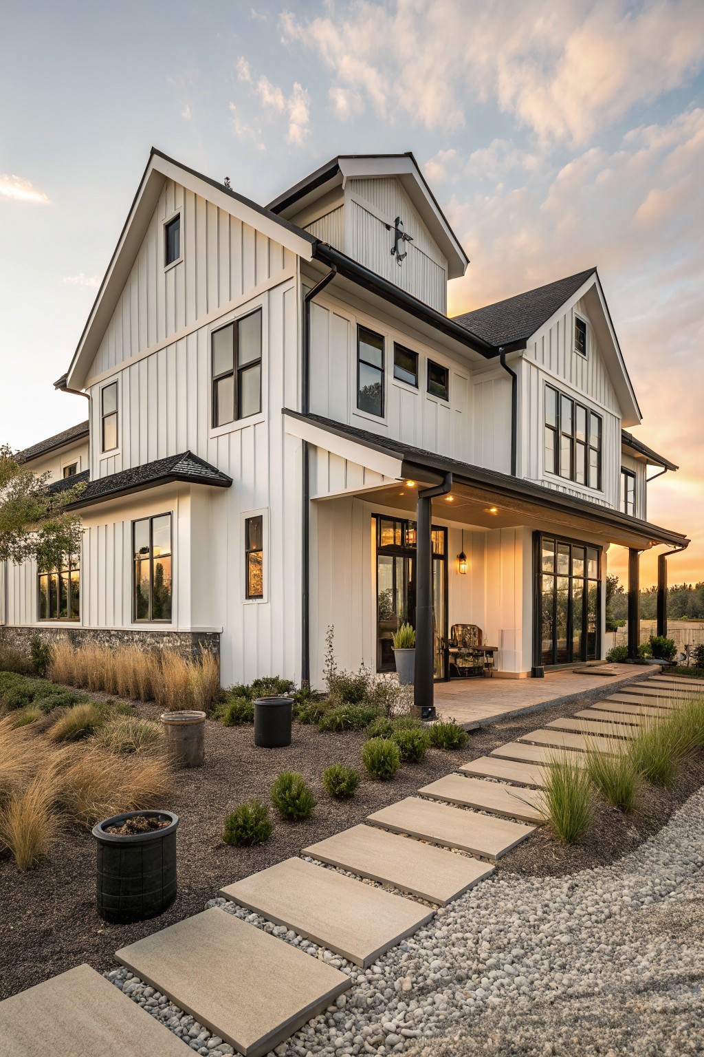 Modern white farmhouse with stone path, porch lights, and sunset sky.