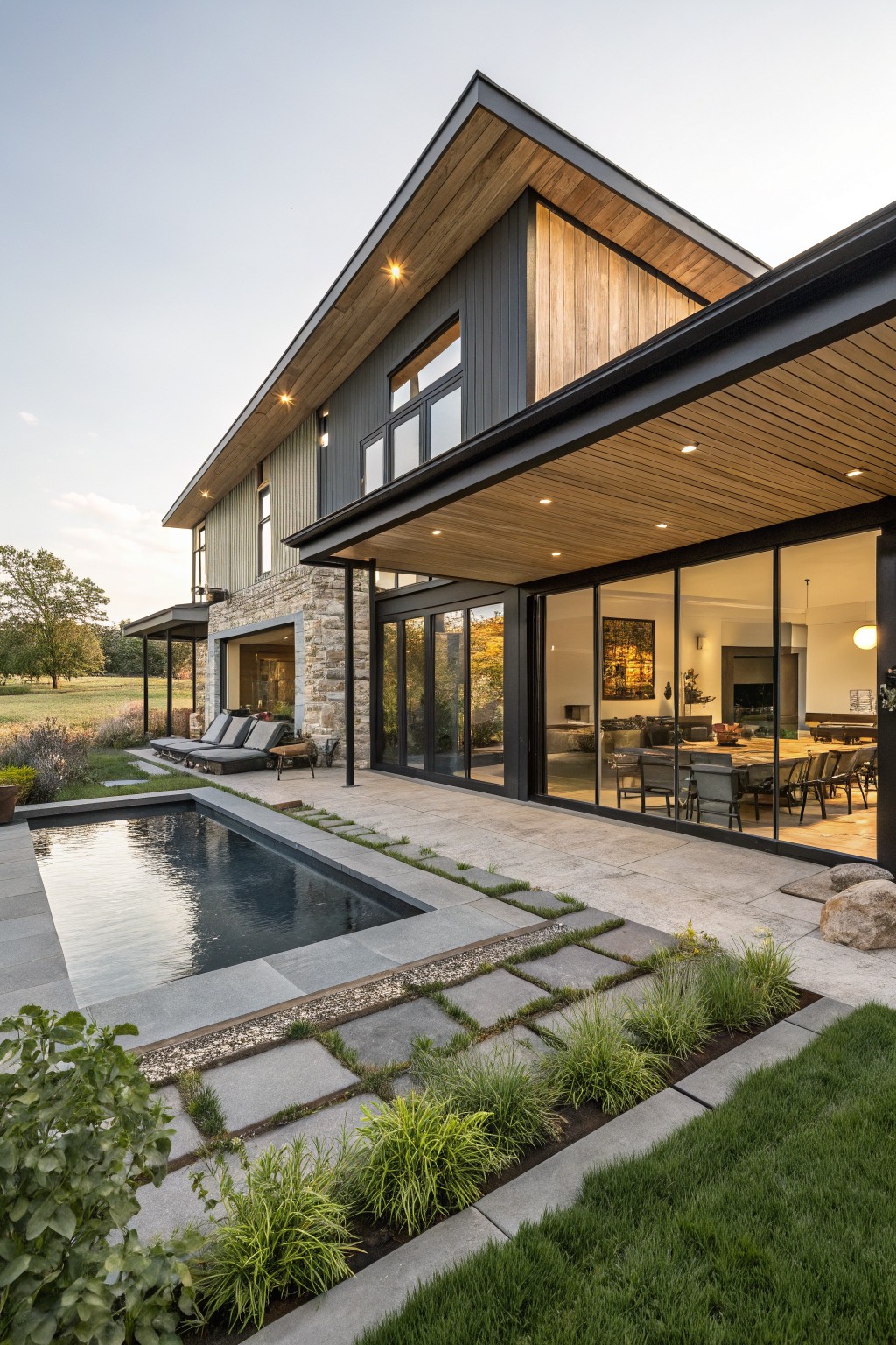 Side exterior view of a two-story modern house with dark vertical siding, wood-clad overhanging roof, black-framed windows and sliding glass doors opening to a gray-tiled patio and infinity-edge pool, surrounded by stone paths, grasses, and a green lawn.