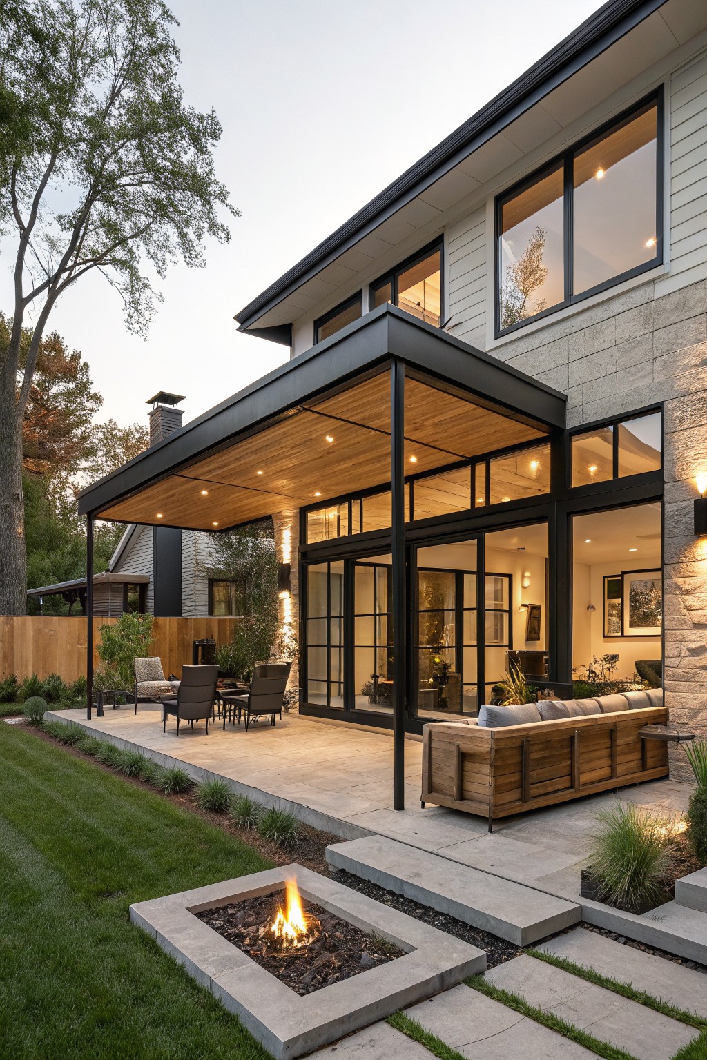Rear exterior of a modern house with black metal-framed glass doors and windows opening to a covered concrete patio that includes wooden lounge seating, a linear built-in fire pit, steps to the grass lawn, and surrounding trees and shrubs.