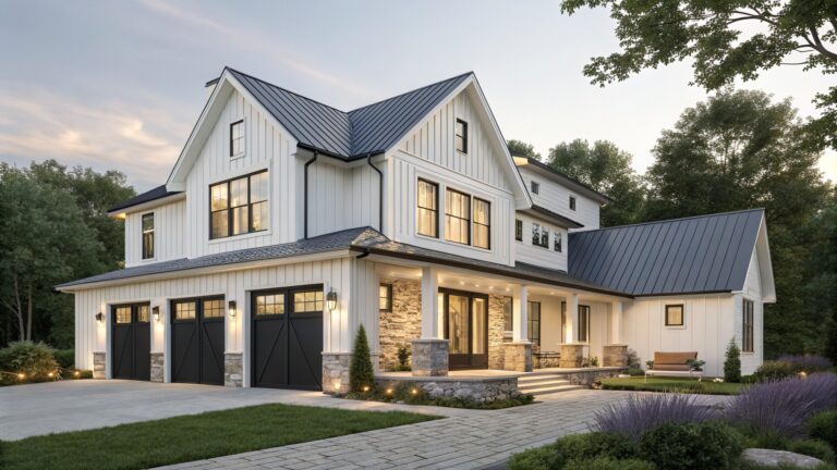 Two-story modern farmhouse house with white board-and-batten siding, black-framed windows, covered front porch, attached garage with black door, stone accents, metal roof, pathway, landscaping, and trees at dusk.