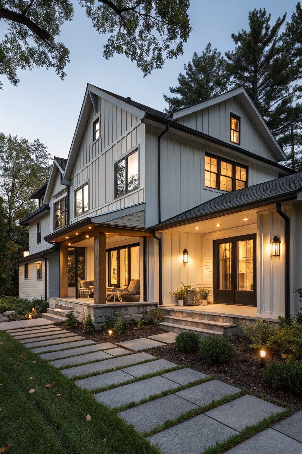 Side view of a two-story modern farmhouse house with white board-and-batten siding, black-framed windows, covered porch with glass doors, stone steps leading to paver pathway, landscaped shrubs, and trees at dusk.