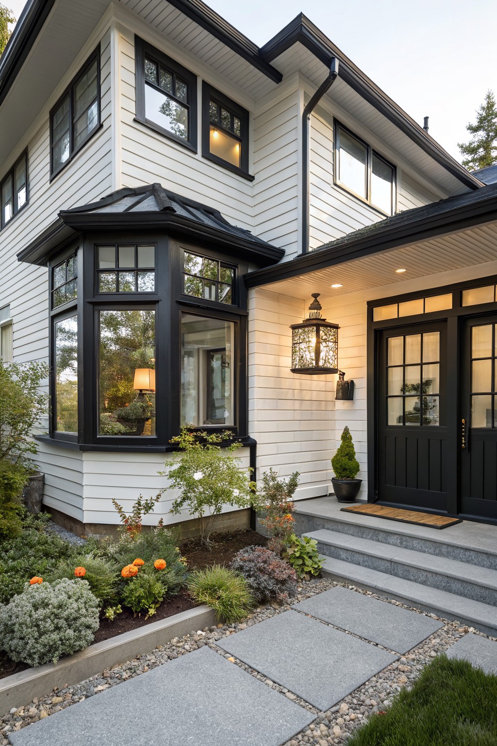 Corner exterior view of a two-story house with white horizontal siding, black window frames including a multi-pane bay window, black front door with glass panels, hanging lantern light, concrete steps, potted plants, and gravel path with surrounding landscaping.