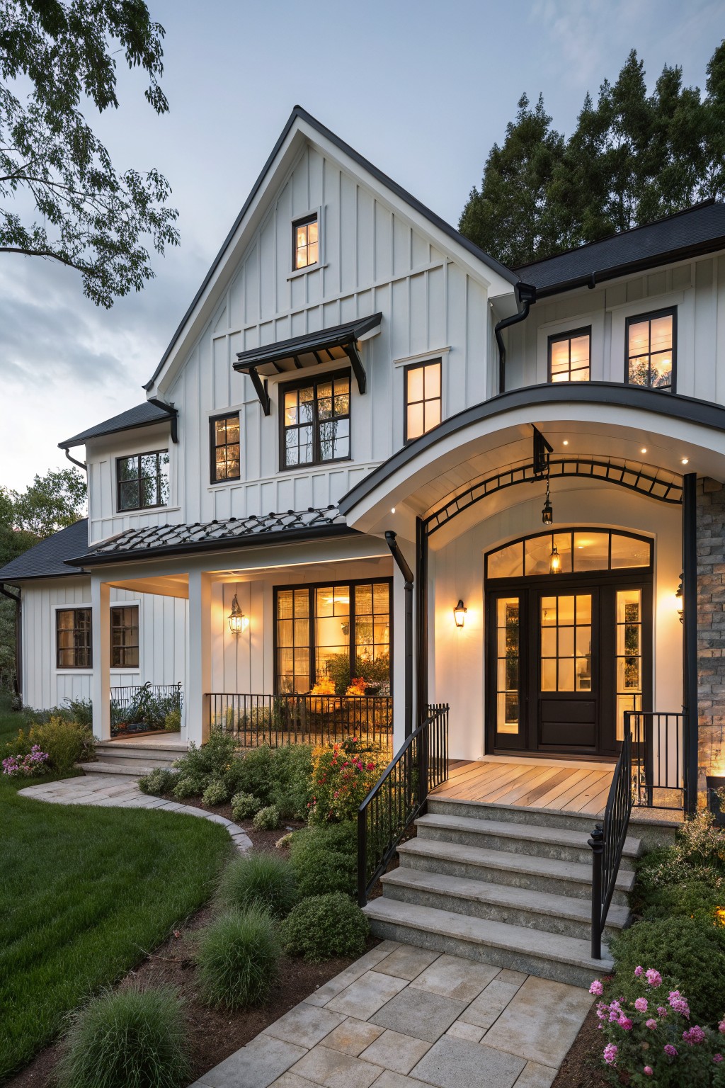 Front view of a two-story modern farmhouse house featuring white board-and-batten siding, black-framed windows and doors, an arched covered entry porch with stone accents, metal railing, steps, and landscaped plantings at dusk.