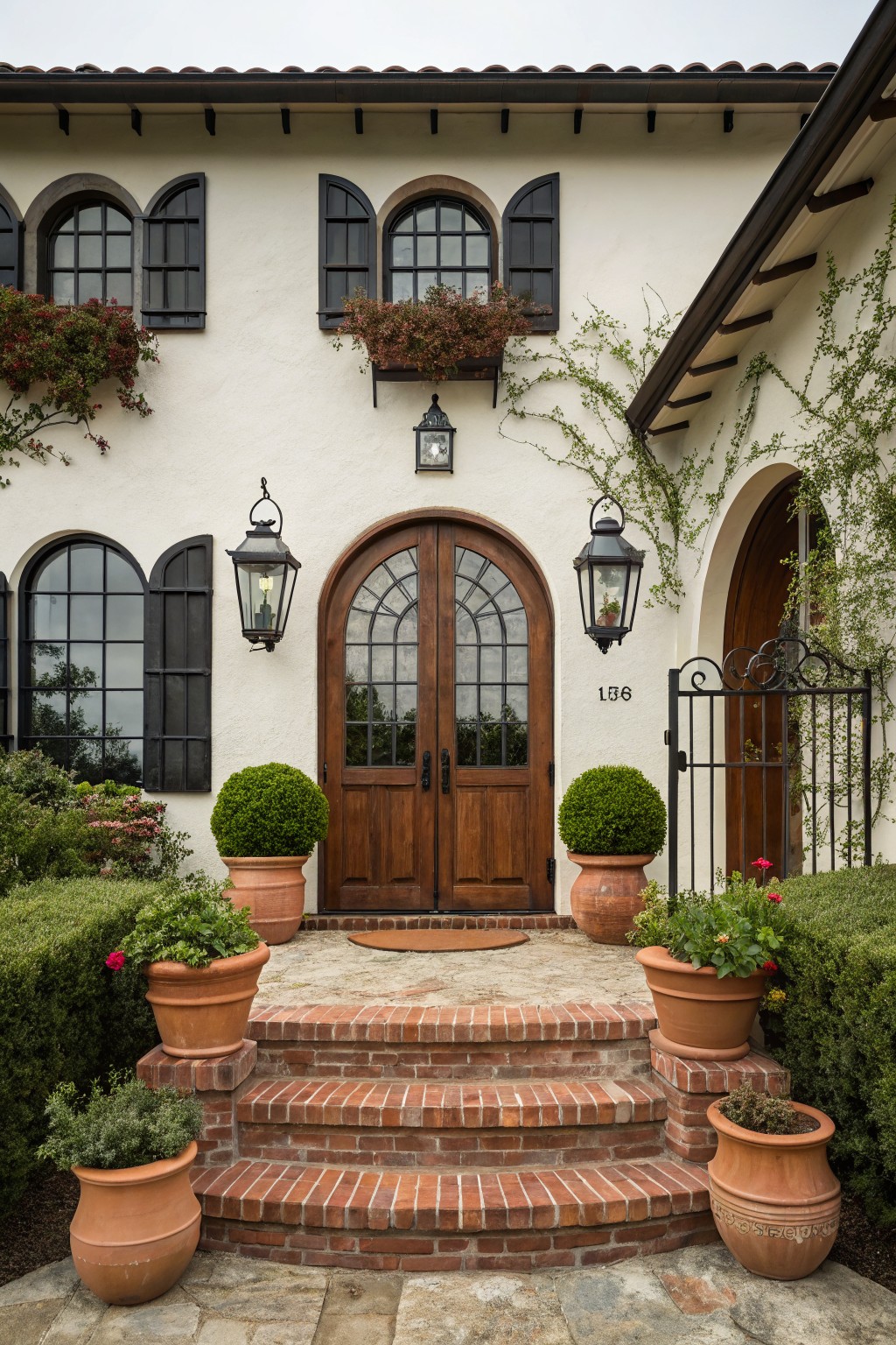 Spanish-style house entrance with arched wooden doors, lanterns, and terracotta pots.