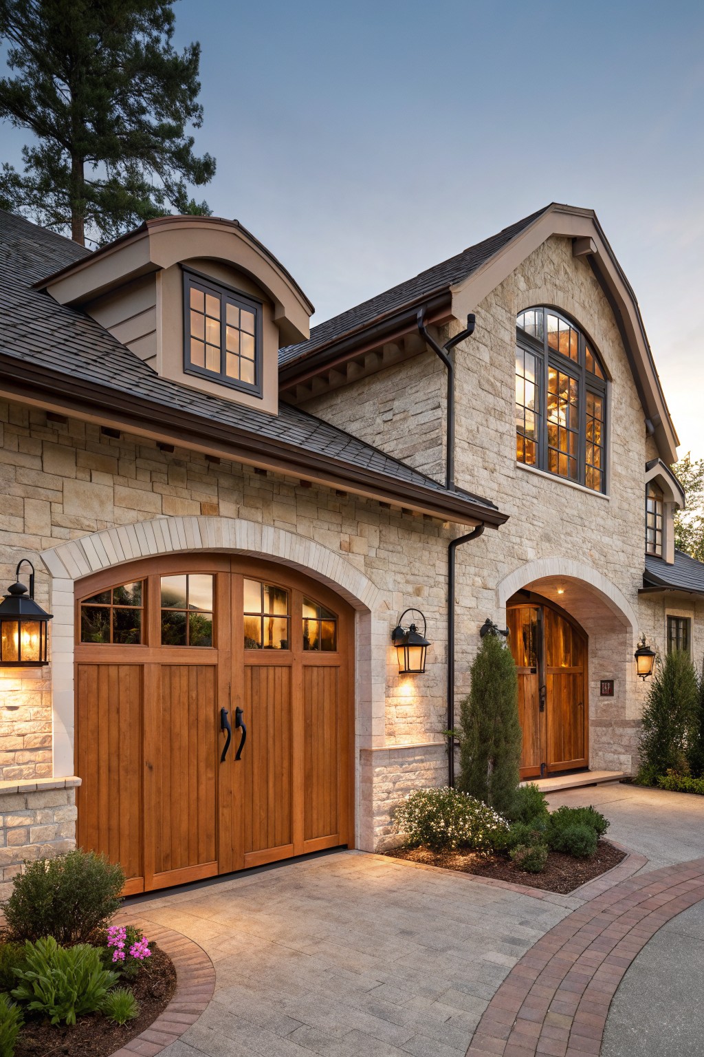 Evening view of a house exterior with double arched wooden garage doors set into beige stone walls, wooden entry doors, black-framed windows, lantern lights, and a curved brick pathway edged with plants.