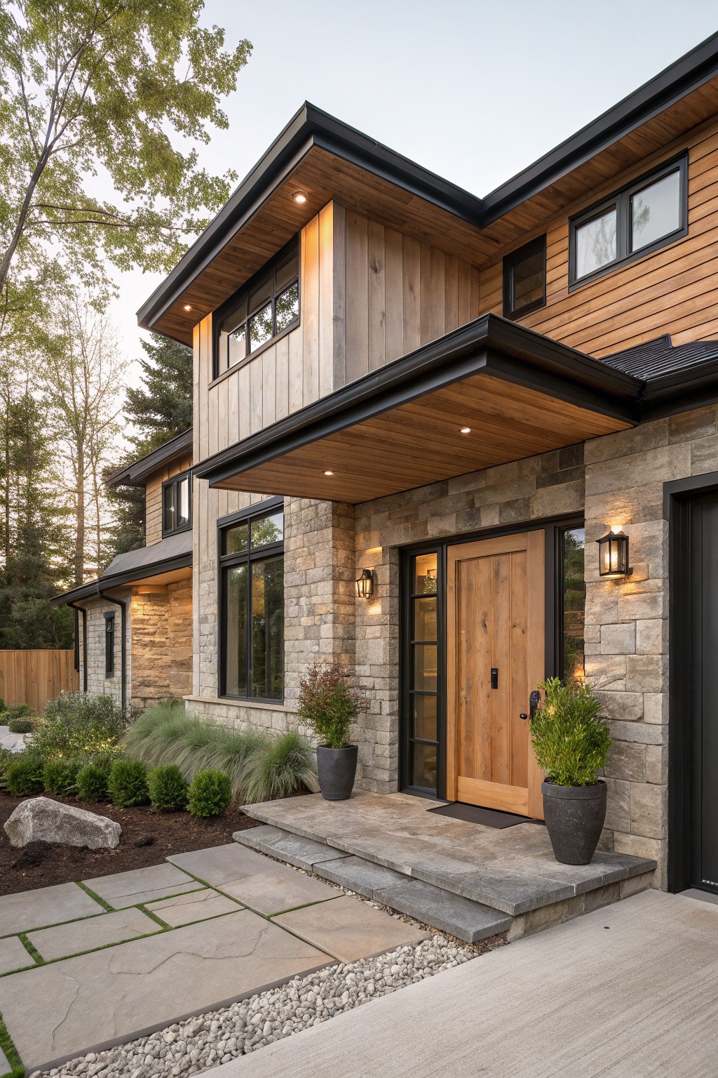 Exterior of a modern two-story house with black garage door, wooden entry door flanked by lanterns, cedar wood cladding on upper levels, stone base, and stone pathway with landscaping.