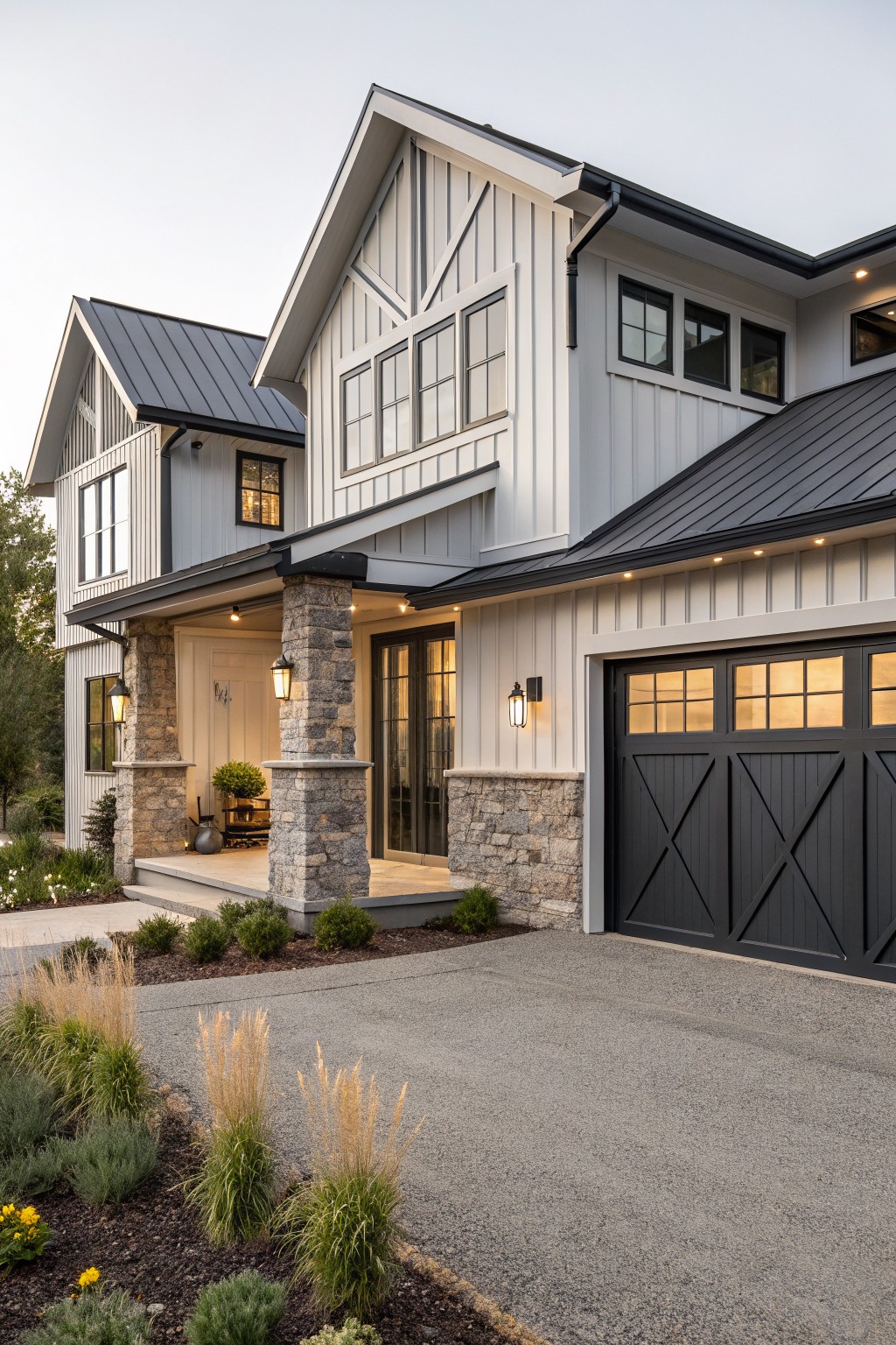 White modern farmhouse exterior with board-and-batten siding, black metal roof, covered porch supported by stone pillars, black X-pattern garage door with glass panels, and gravel driveway edged with ornamental grasses and shrubs.