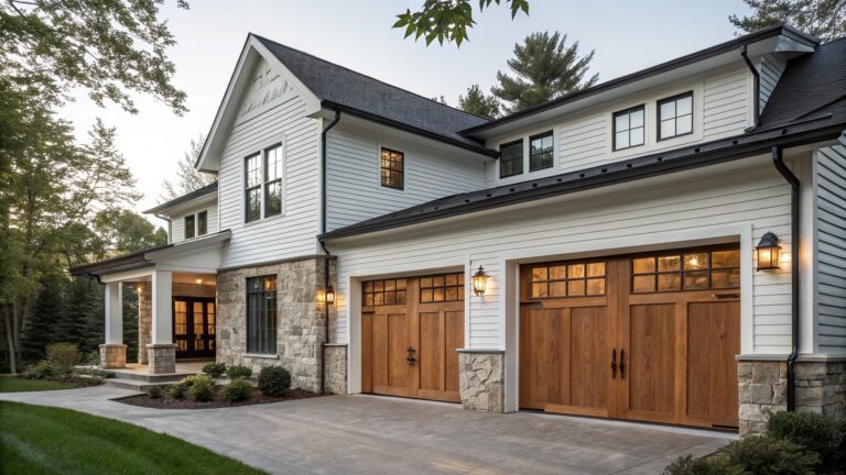 17 Modern Farmhouse Garage Door Ideas That Feel Custom Modern farmhouse house exterior with two dark wood carriage-style garage doors featuring X-bracing, glass panels, and black hardware, set against white shiplap siding, black-framed windows, stone pillars, lantern lights, and a gray paver driveway with edging plants.