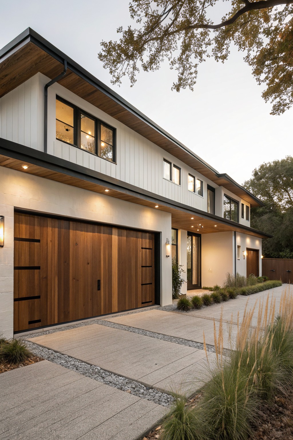 Side exterior view of a modern white stucco house with black trim and wood accents, showing a large brown wooden garage door with horizontal planks and black vertical panels, concrete paver pathway, and ornamental grasses.