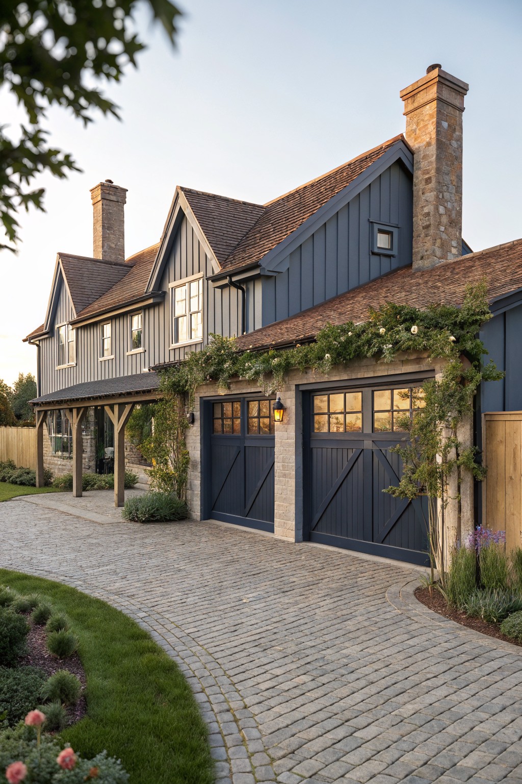 Side view of a two-story modern farmhouse exterior with dark blue paneled double garage doors featuring upper glass windows, climbing white roses on stone garage walls, wood siding on the house, brick chimney, and a curving cobblestone driveway edged by grass and plants.