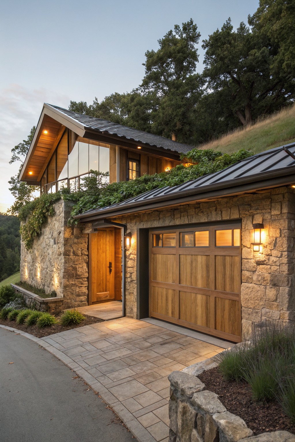 House exterior at dusk showing a wooden paneled garage door set into a textured stone wall, with a matching wooden entry door, pathway, plants, and warm exterior lights.