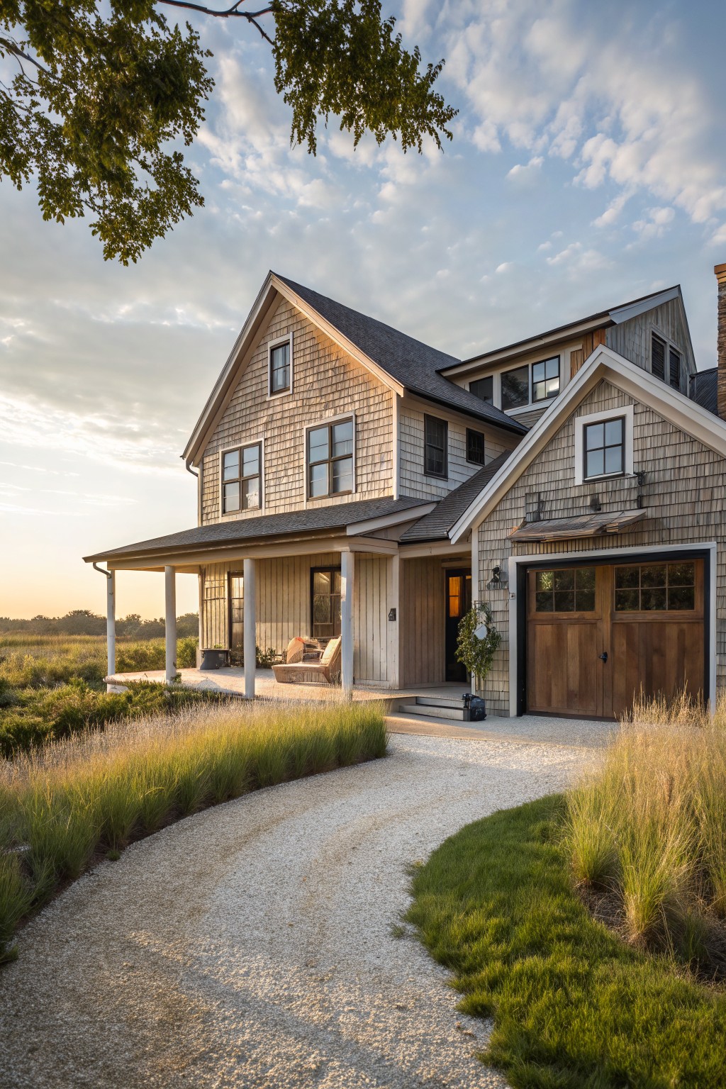 Cedar shingle house exterior with wooden double garage doors, covered porch, gravel pathway edged in tall grasses, and trees under a partly cloudy sky.