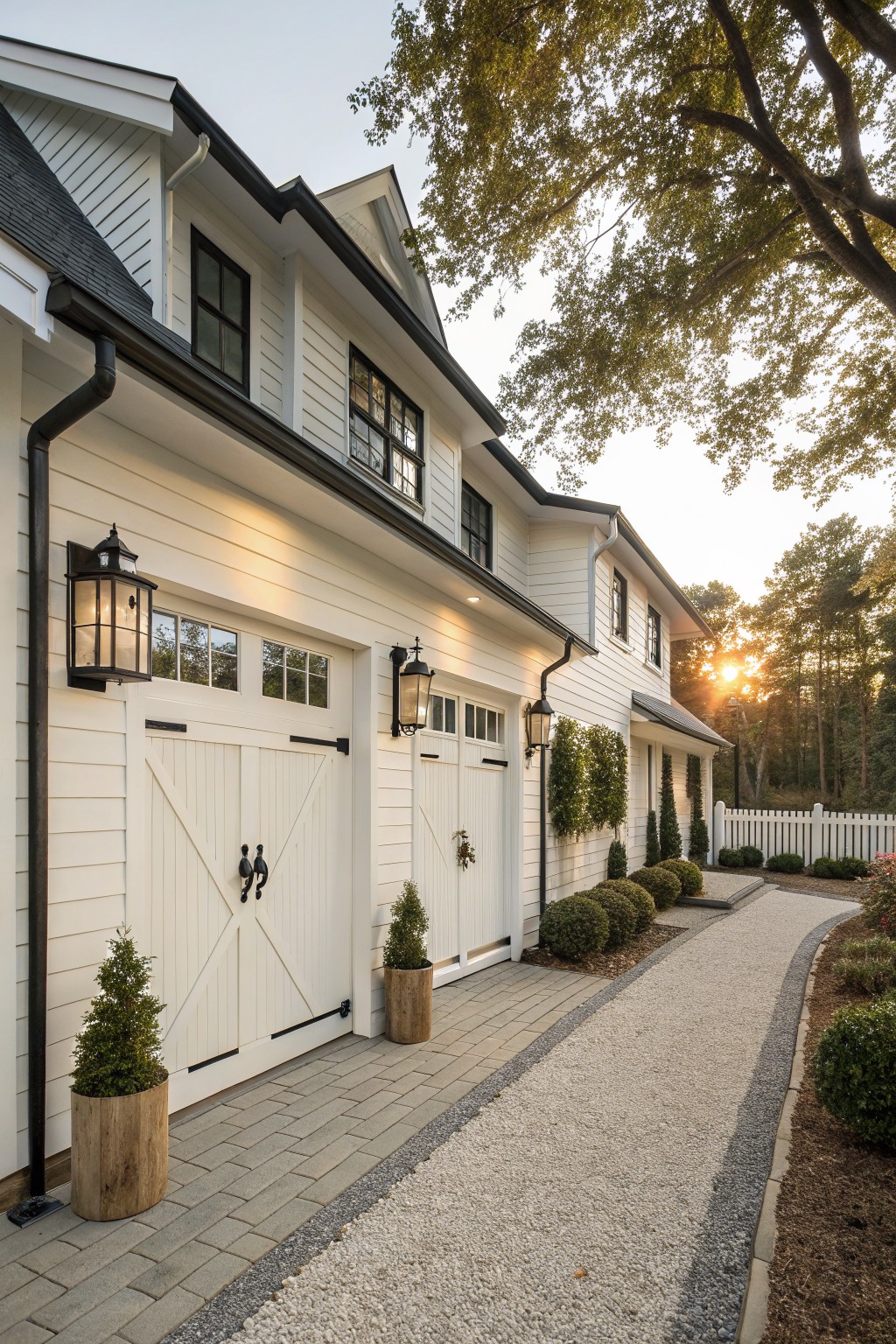 Side exterior of a two-story white clapboard house with black trim and roof, featuring two large white carriage-style garage doors with black hardware and X-bracing, flanked by lanterns and potted trees beside a paver and gravel pathway edged in landscaping.
