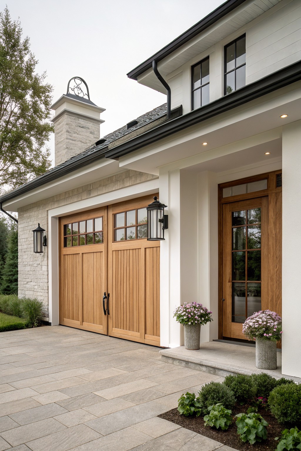 Side exterior of a modern farmhouse home with double wooden garage doors featuring vertical planks and grid glass panels, flanked by black lanterns, adjacent to a wooden entry door with sidelights, on a light gray paver driveway edged by low plants and pots.