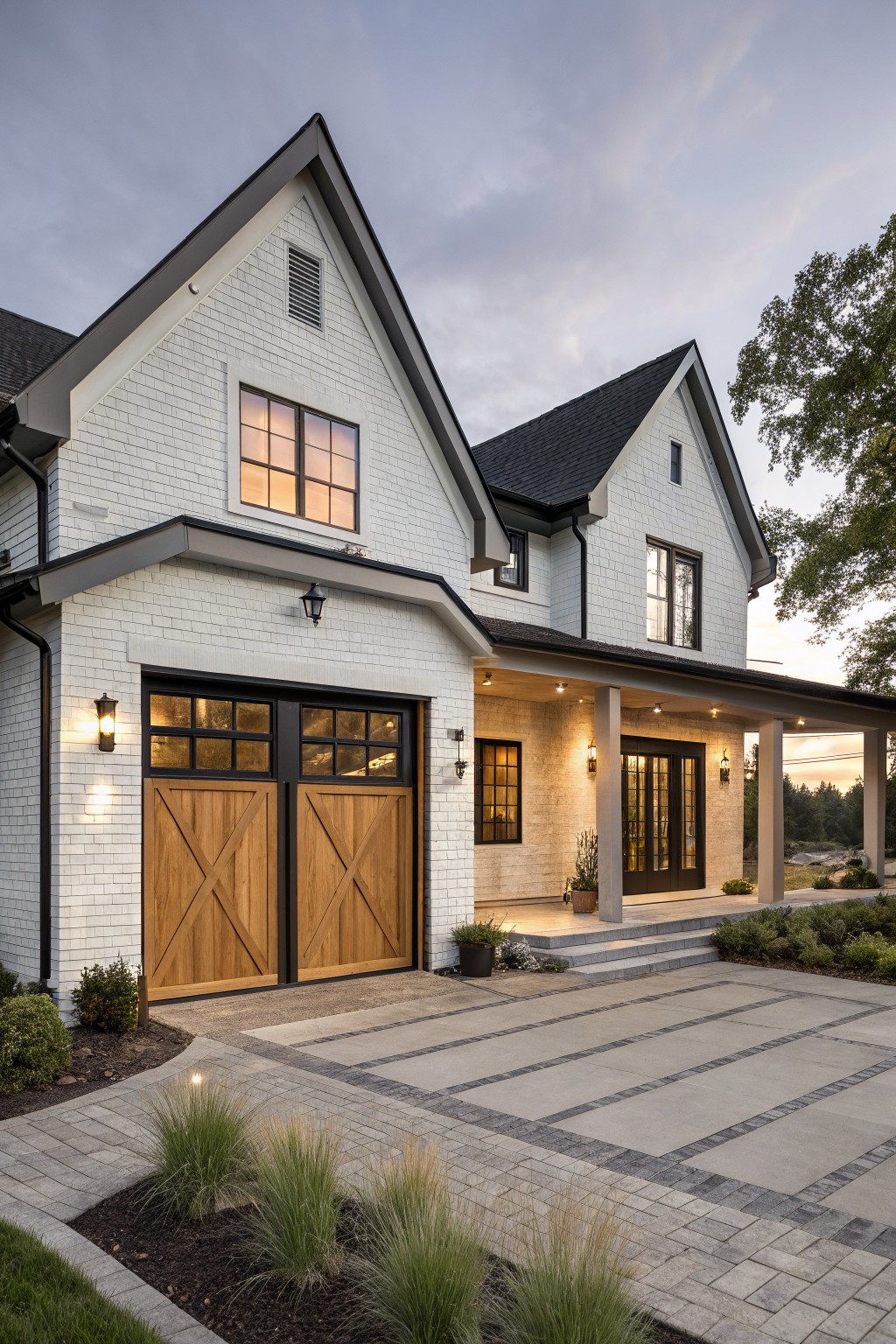 White brick modern farmhouse exterior featuring double wooden garage doors with X-brace pattern and black frames, flanked by lanterns, next to a covered porch and driveway with paver accents at dusk.