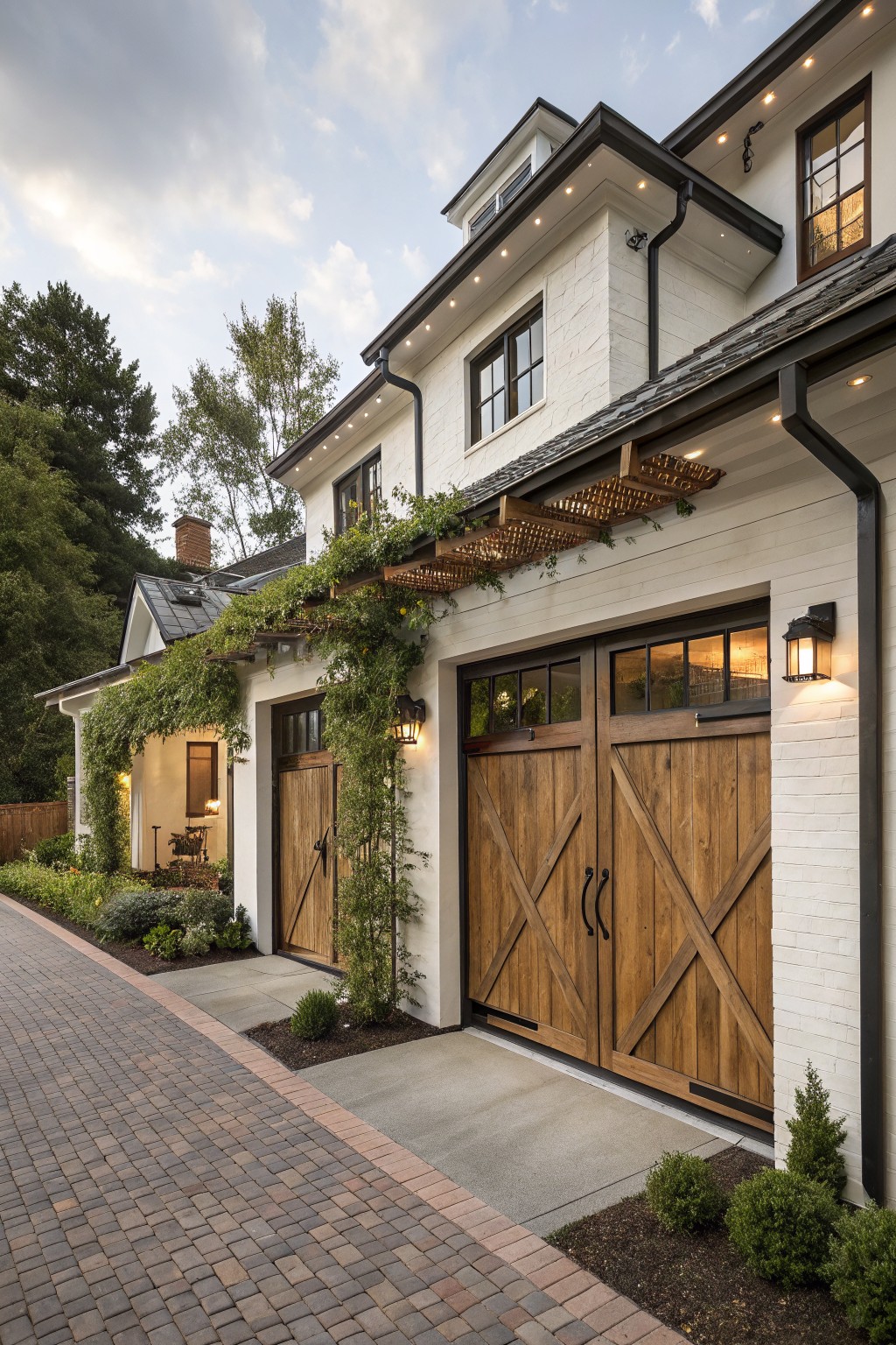 Side view of a two-story white brick modern farmhouse with double wooden garage doors featuring X-bracing, climbing vines on trellises, lantern lights, and a brick paver driveway edged by landscaping.