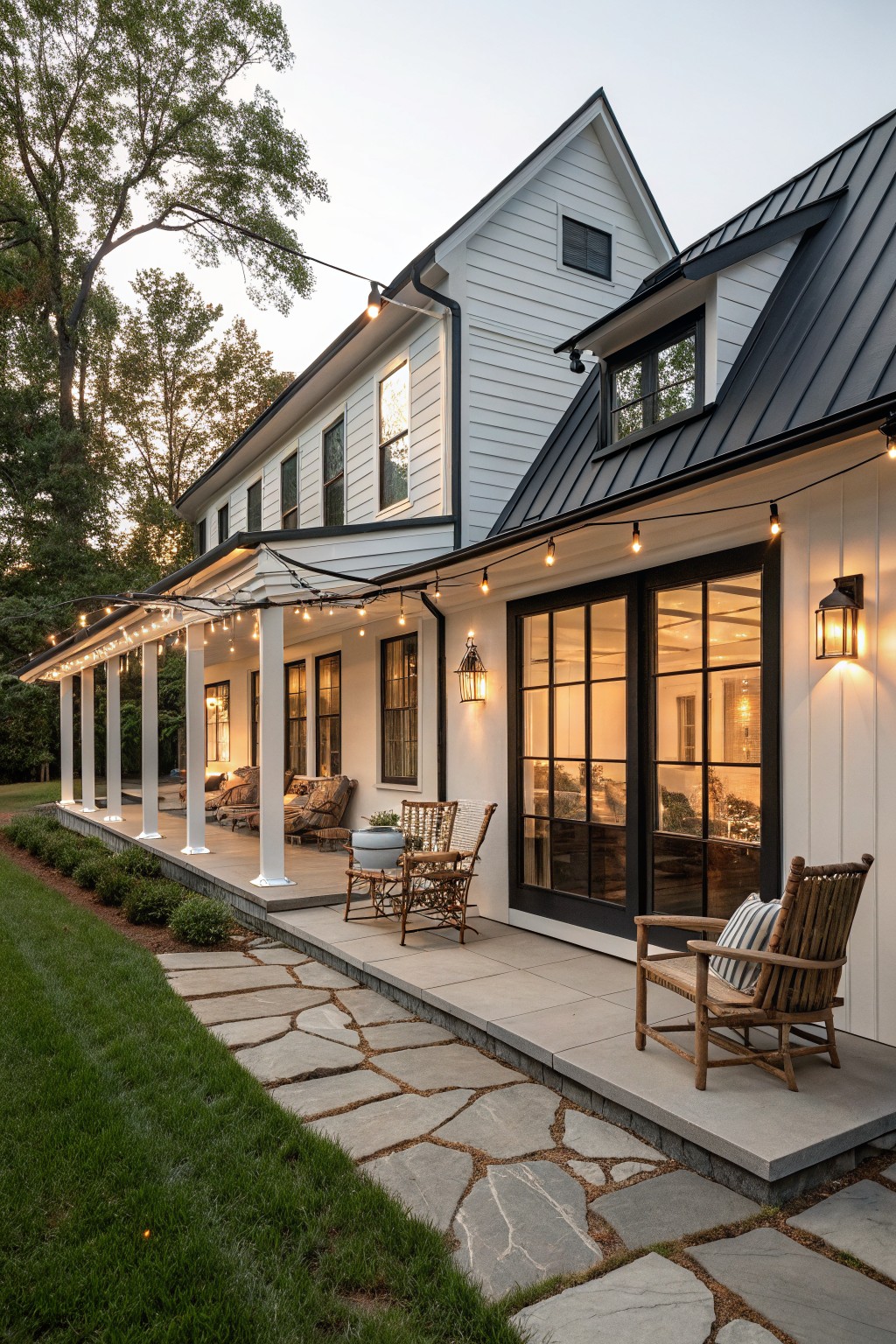 White clapboard farmhouse exterior at dusk with black standing-seam metal shed roof over porch, string lights along porch roofline, white columns, French doors, wicker chairs on concrete patio, stone pathway, and green lawn with shrubs.