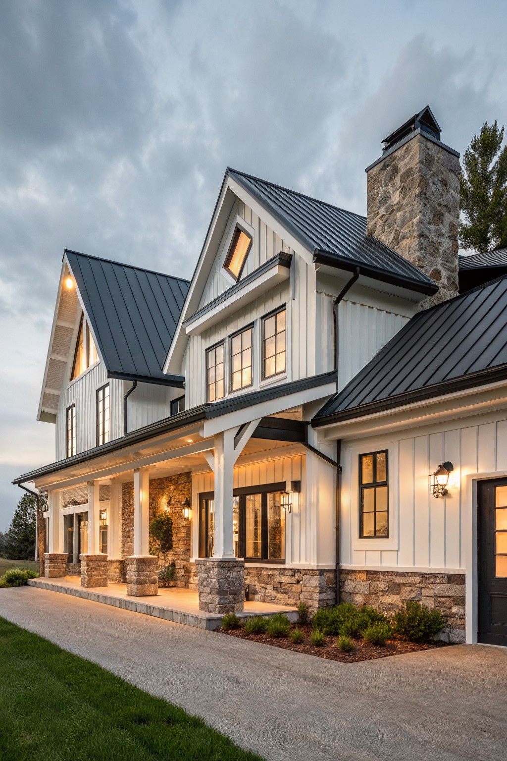 A two-story modern farmhouse exterior with black standing seam metal roofs, white vertical board-and-batten siding, a stone chimney, wrap-around porch with stone posts, landscape lighting, and a concrete pathway at dusk.