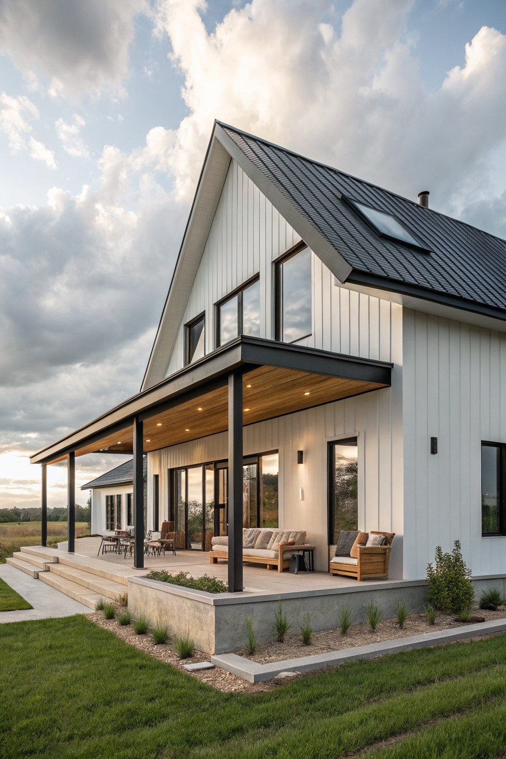 White modern farmhouse with black standing seam metal gabled roof, covered porch supported by black posts, large glass doors and windows, outdoor furniture on concrete deck, steps leading to grass yard, and low plantings along the base.
