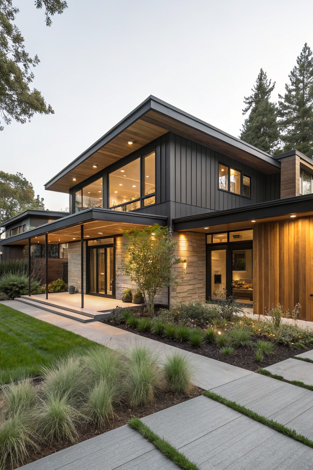 Modern two-story house exterior with black vertical siding, large clerestory windows, cantilevered roof overhang with wood beam ceiling, glass entry doors flanked by stone walls, wood cladding, pathway, and low plantings.