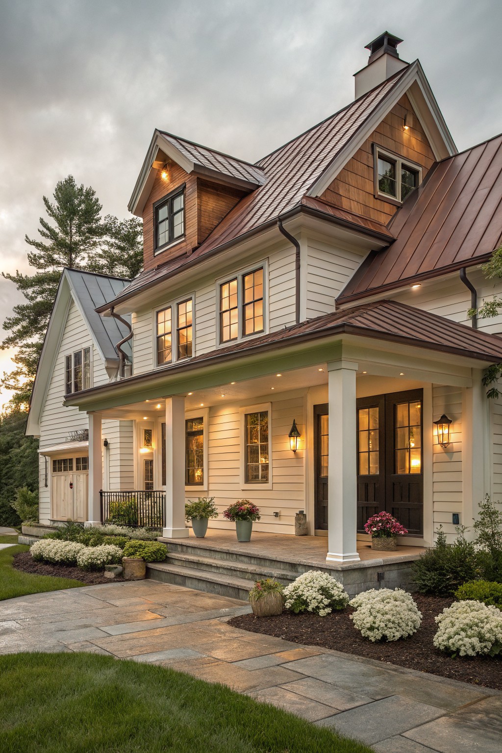Modern farmhouse exterior with copper standing seam metal roof, white clapboard siding, wood dormer, covered porch, garage, and front landscaping on a stone pathway at dusk.