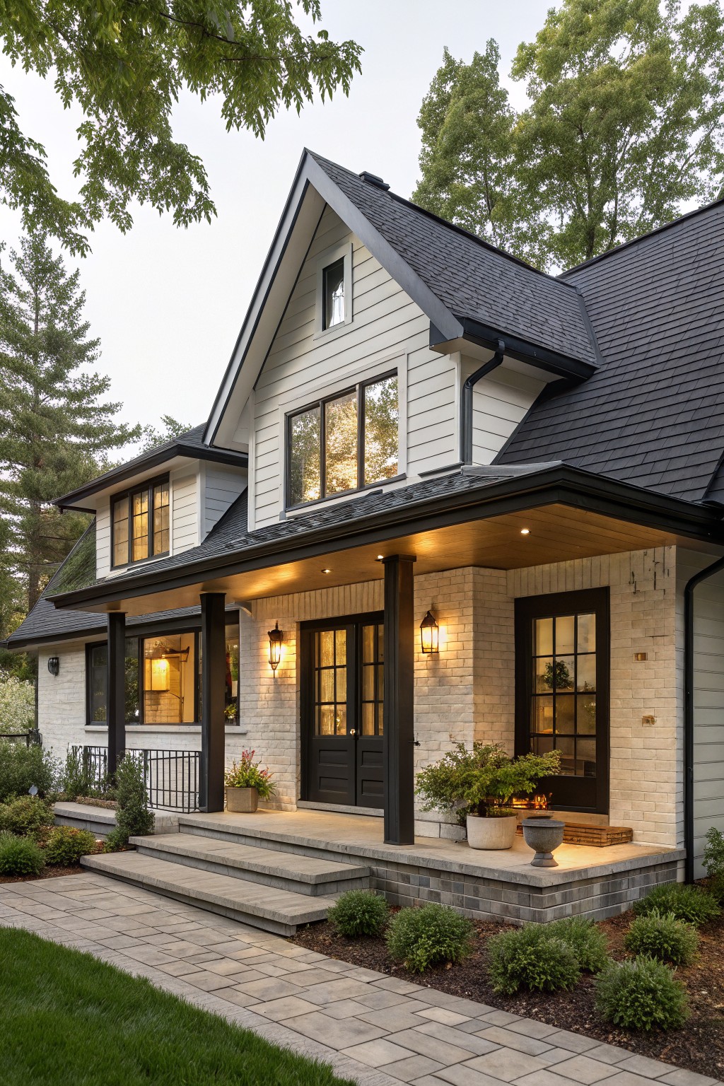 Modern farmhouse house exterior with steep gabled dark shingled roof, white siding, black-trimmed windows and double doors, covered porch supported by columns, brick side accents, and landscaped front yard with shrubs, potted plants, steps, and stone pathway.