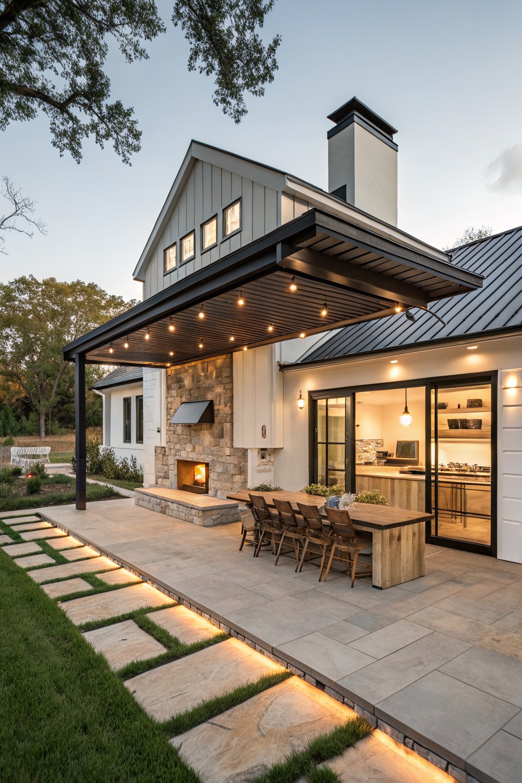 Modern farmhouse house side exterior featuring white board-and-batten siding, stone outdoor fireplace, black metal roof overhang over a patio with dining table and chairs, glass doors to kitchen, lit pathway stepping stones, and trees at dusk.